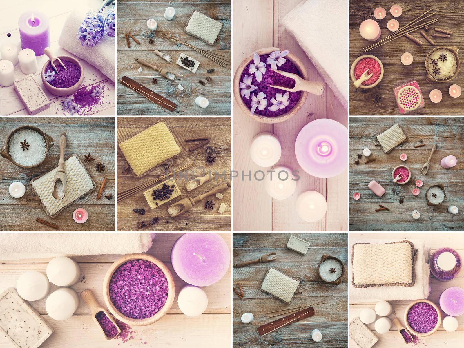 Photo collage of bath accessories on wooden table