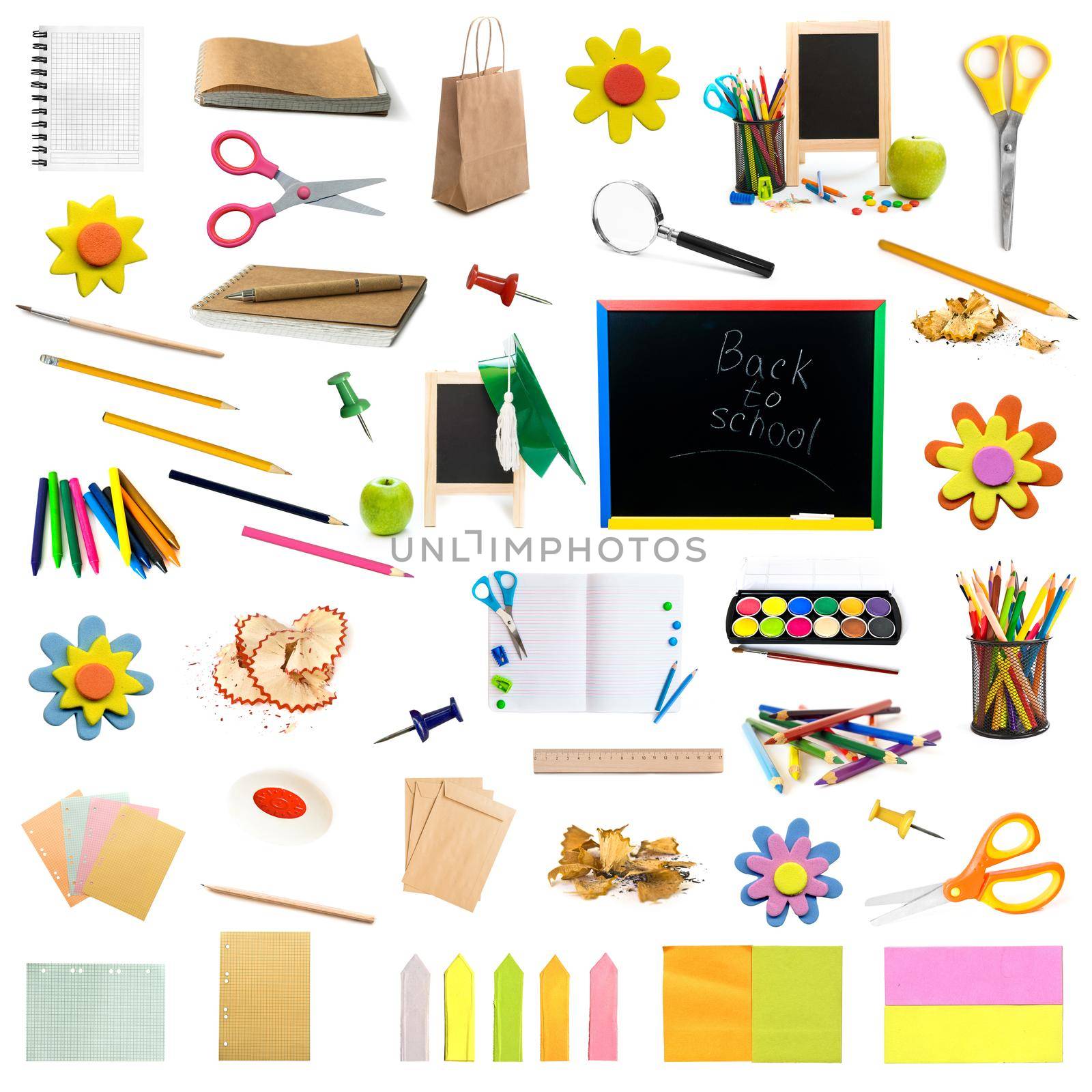 collage of different colorful childish stationery isolated on white background