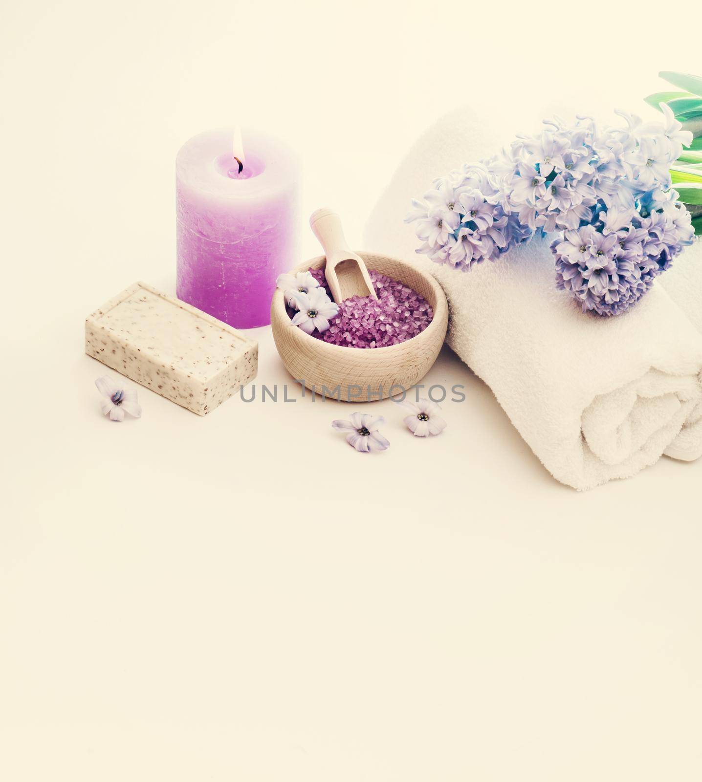 Composition of spa treatment on the white wooden table