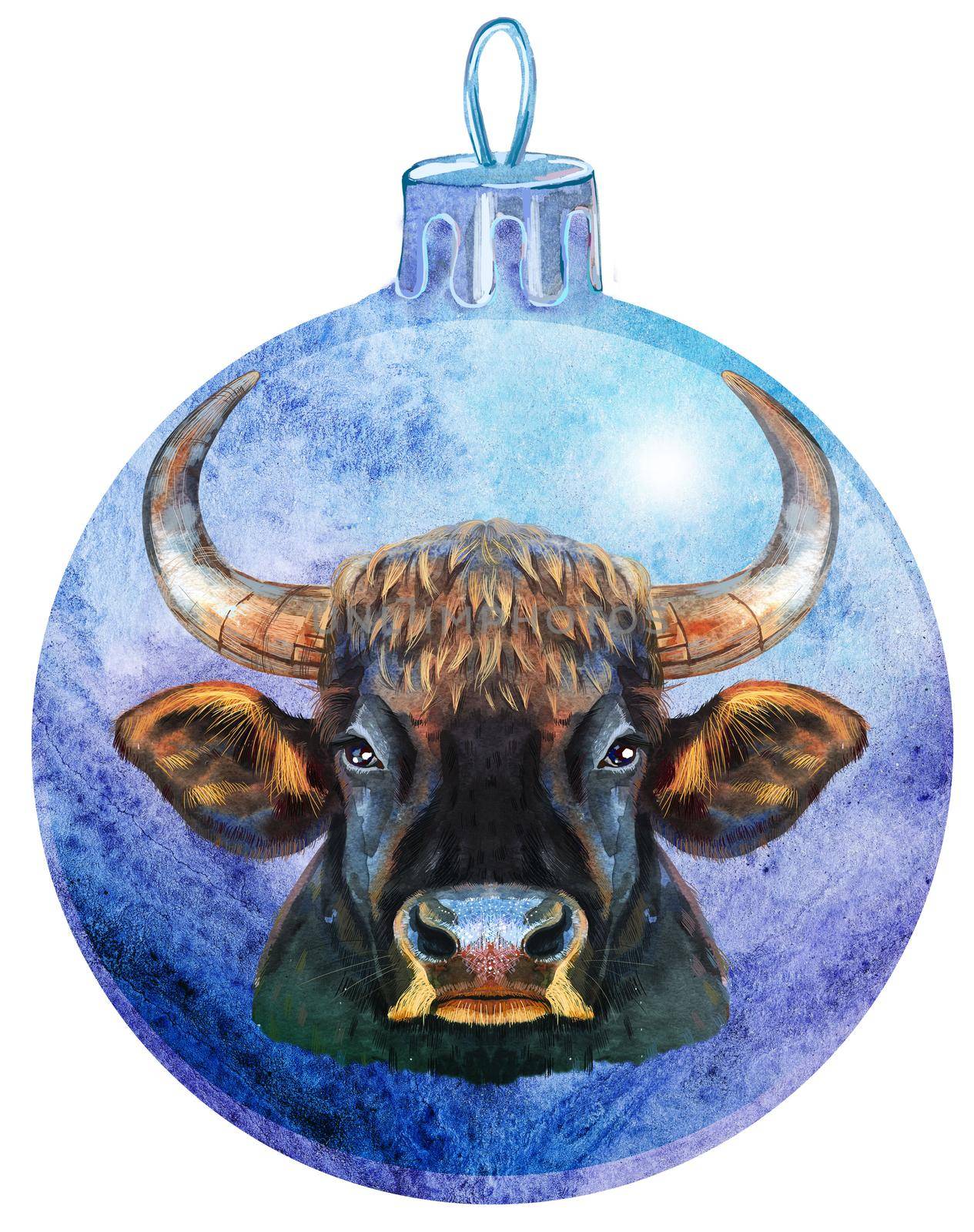 Watercolor Christmas violet ball with bull isolated on a white background.