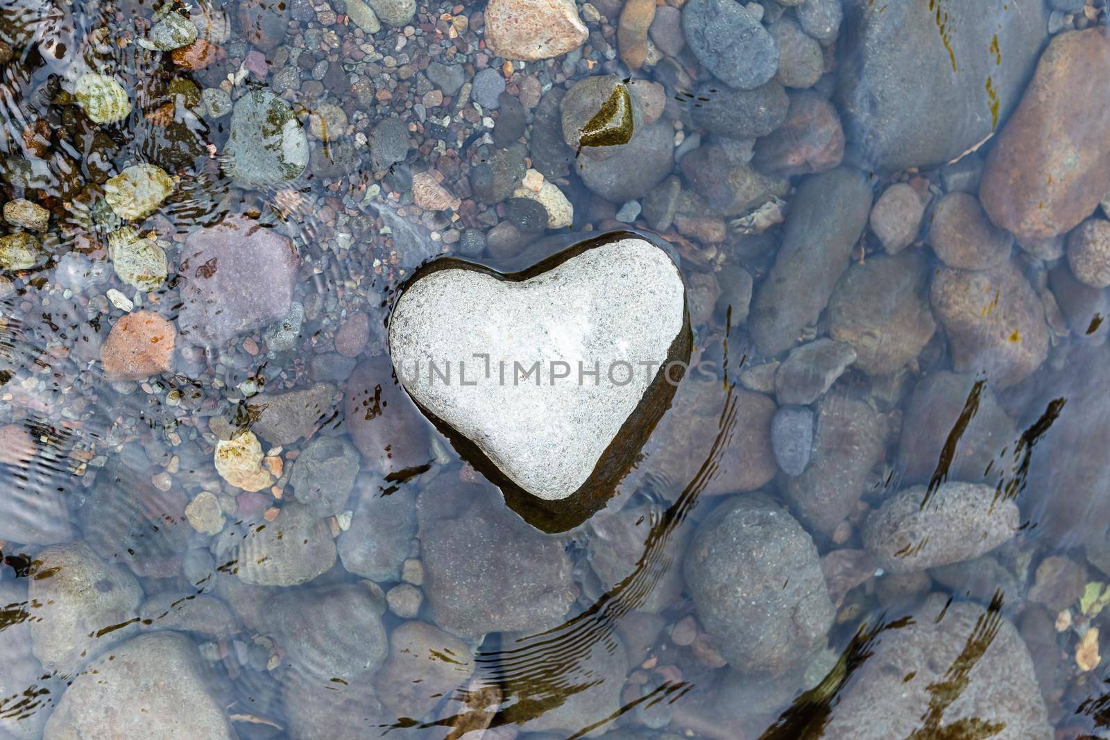 Beautiful heart shaped stone in the river water. Valentine's Day celebration background