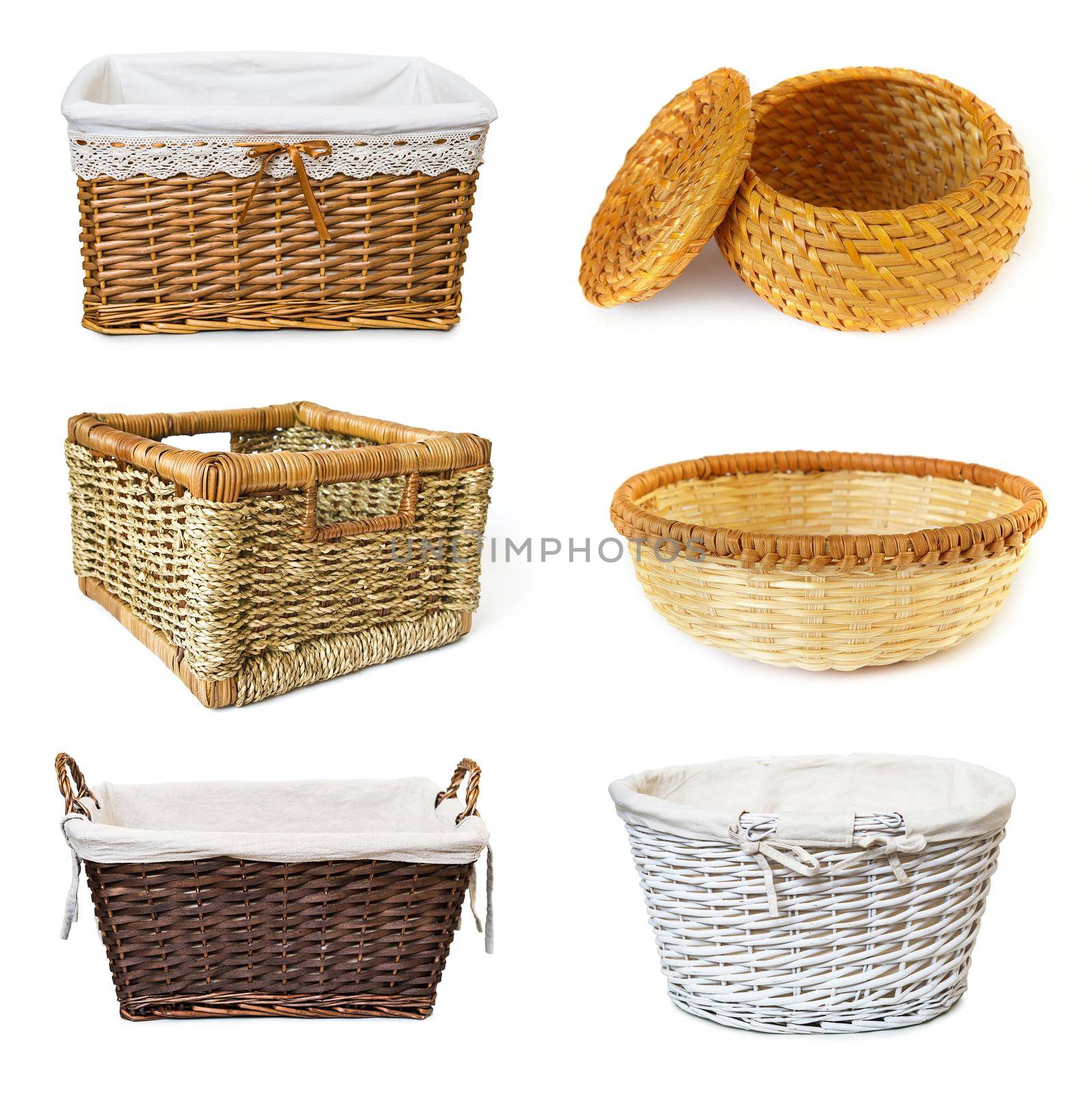 collage with wickered baskets isolated on white background