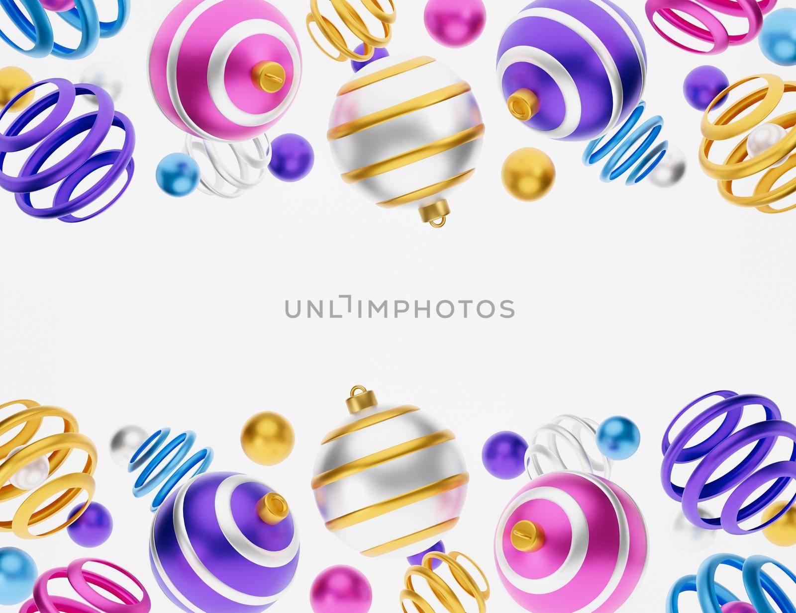 Merry christmas 3d greeting card or illustration banner. Merry Christmas and Happy New Year 3d render illustration card with ornate pink, blue, yellow xmas balls. Winter decoration xmas minimal design