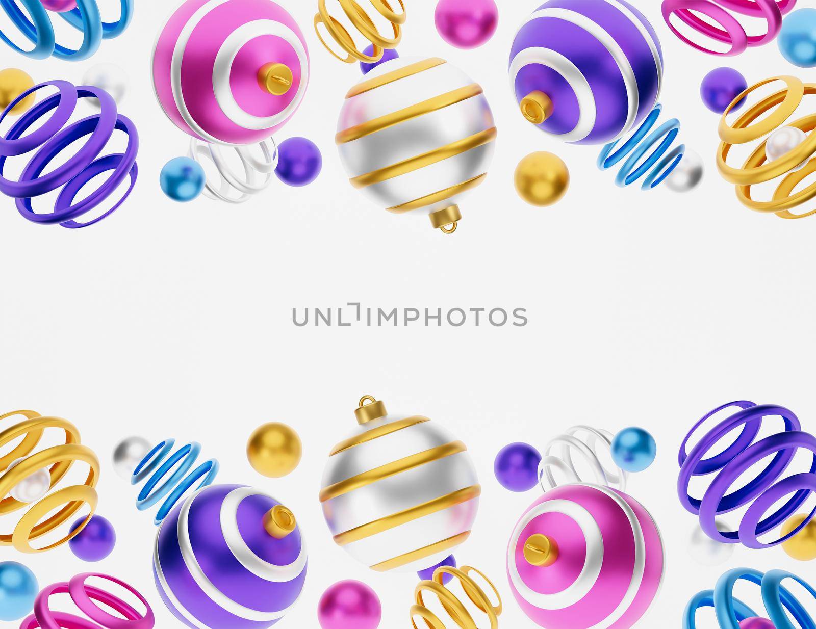 Merry christmas 3d greeting card or illustration banner. Merry Christmas and Happy New Year 3d render illustration card with ornate pink, blue, yellow xmas balls. Winter decoration xmas minimal design