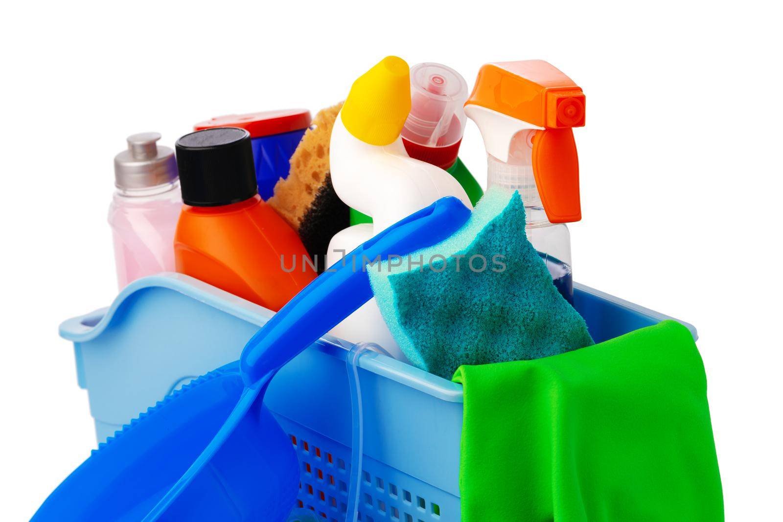 Group of cleaning tools isolated on white background, close up