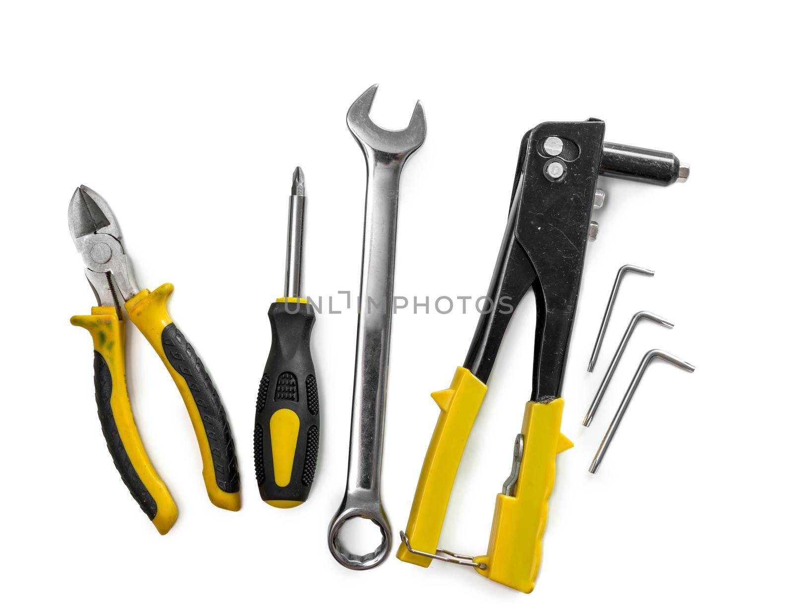 toolkit of different instruments isolated on white background