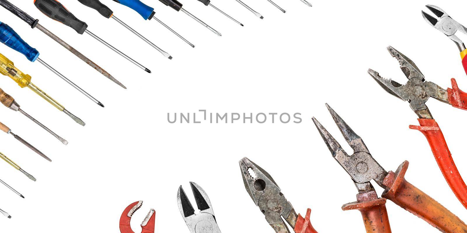 Collage of different work tools instruments for renovation isolated on white background with copy space