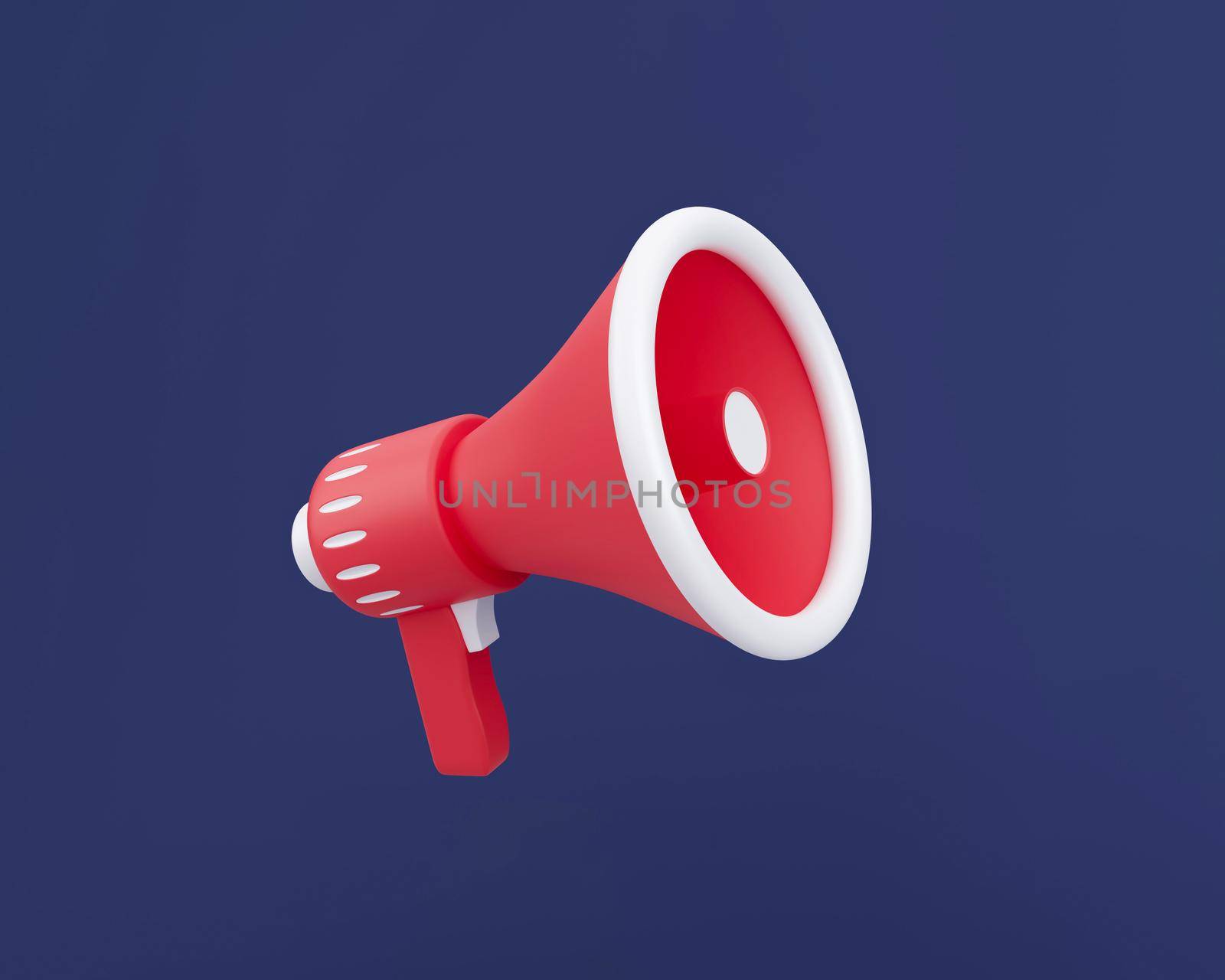 3d red and white three-dimensional megaphone isolated on a dark blue background. Public speaking minimal concept 3d render