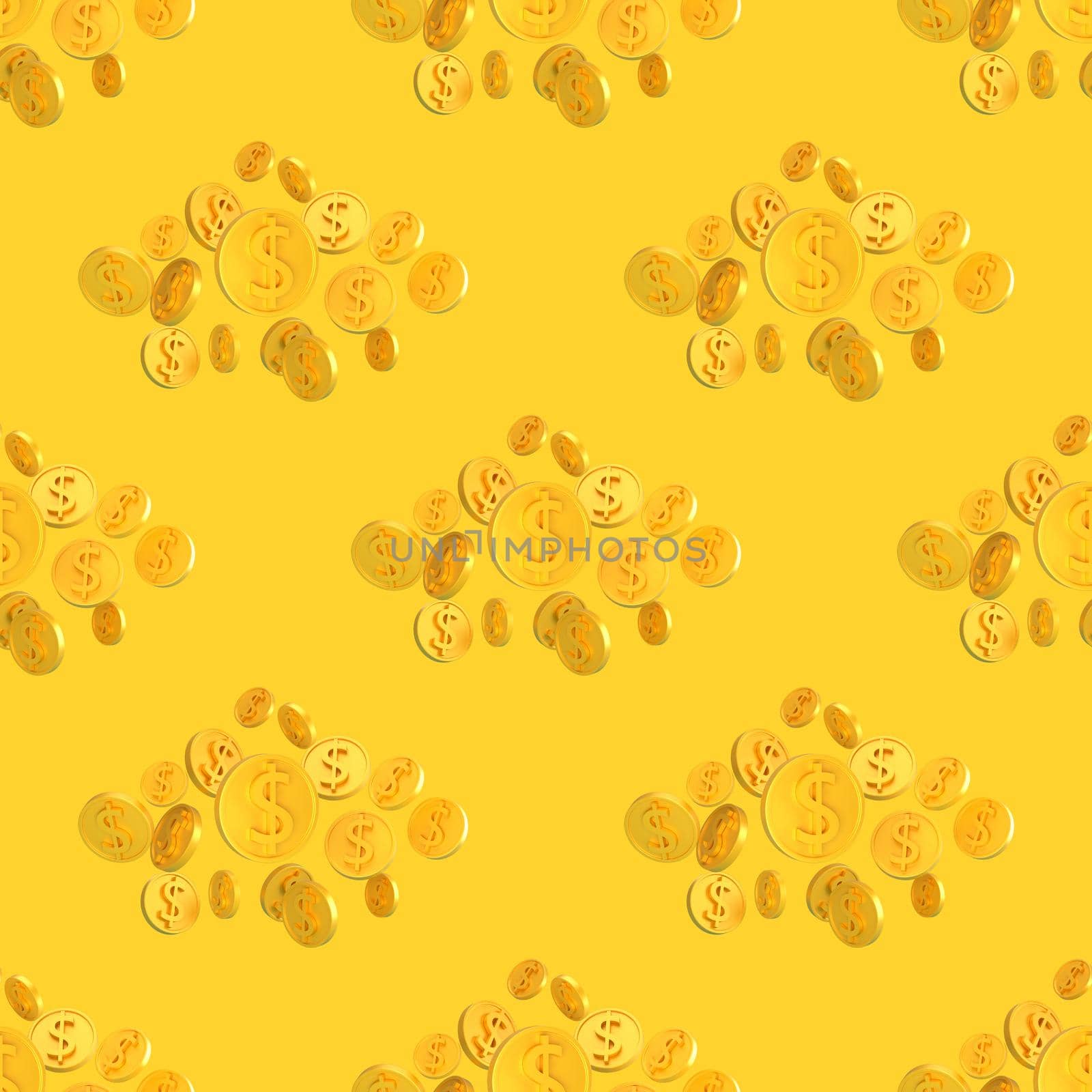 Realistic Gold 3d coins with dollar sign seamless pattern. Seamless wrapping pattern of shiny money 3d render illustration