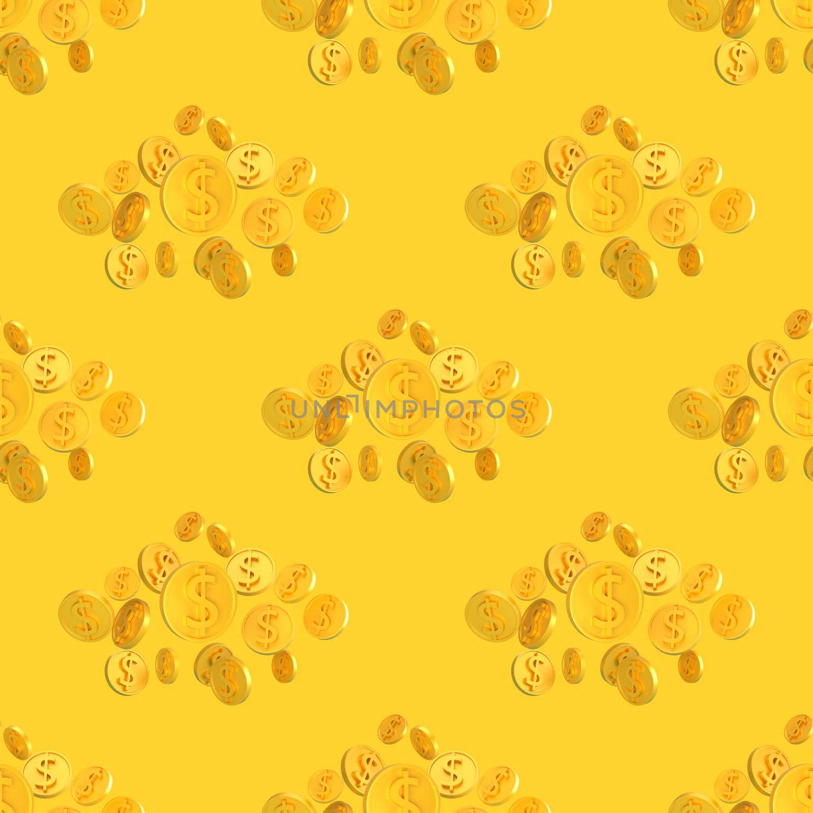 Realistic Gold 3d coins with dollar sign seamless pattern. Seamless wrapping pattern of shiny money 3d render illustration