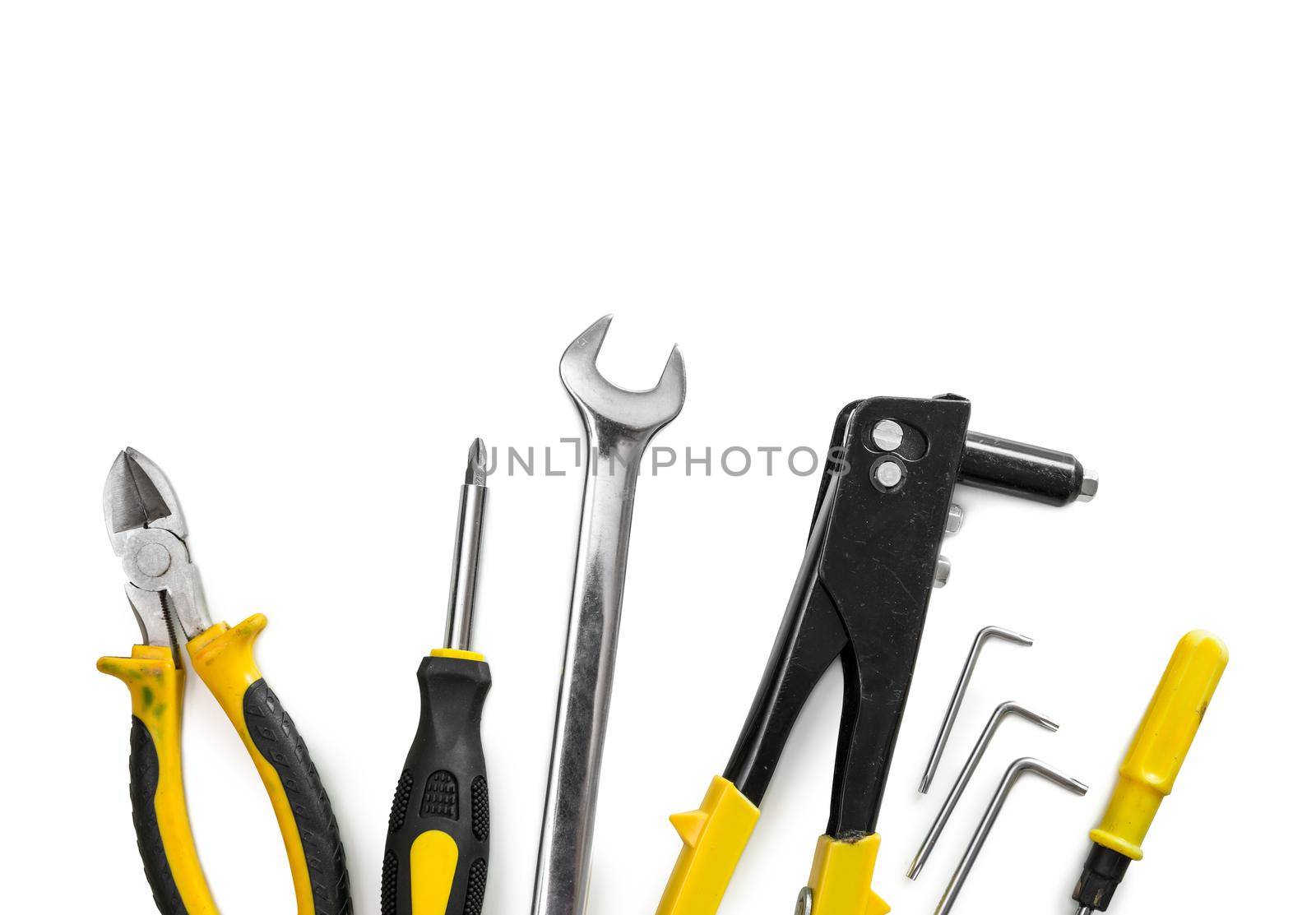 toolkit of different instruments isolated on white background