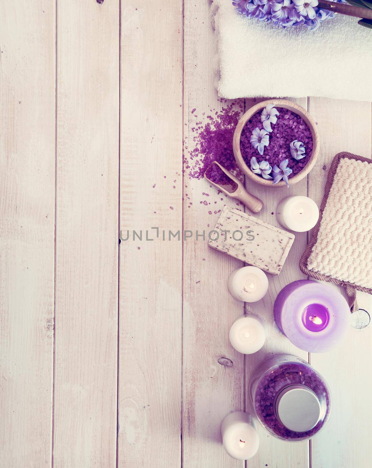 Composition of spa treatment on the white wooden table