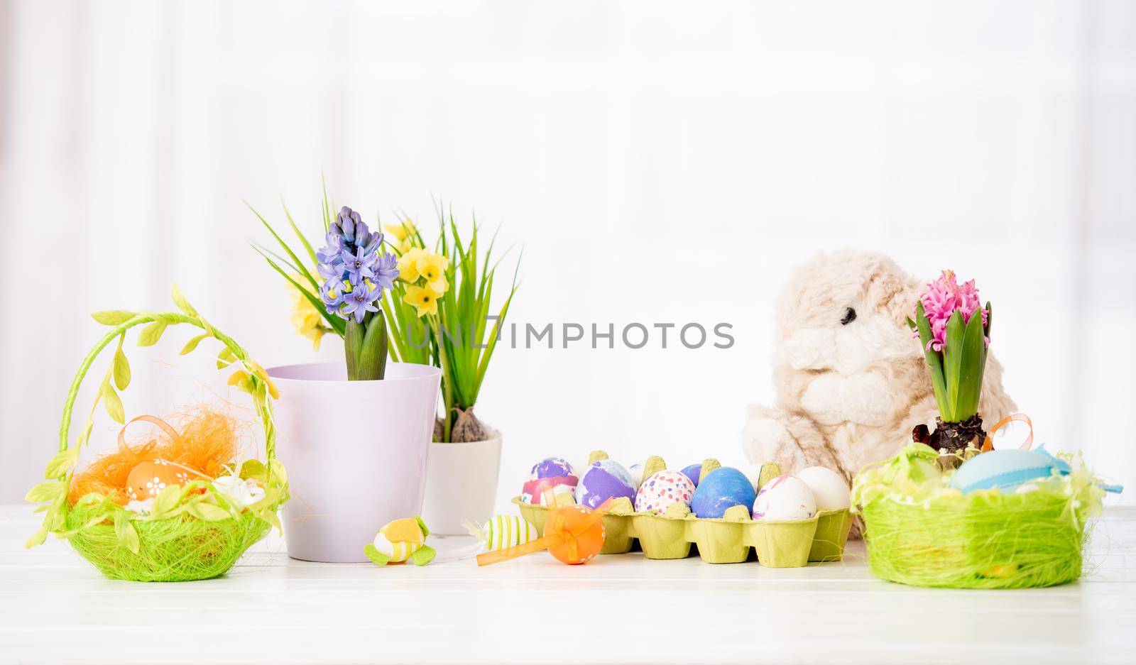 Traditional exposition of bright Easter symbols, isolated on white background