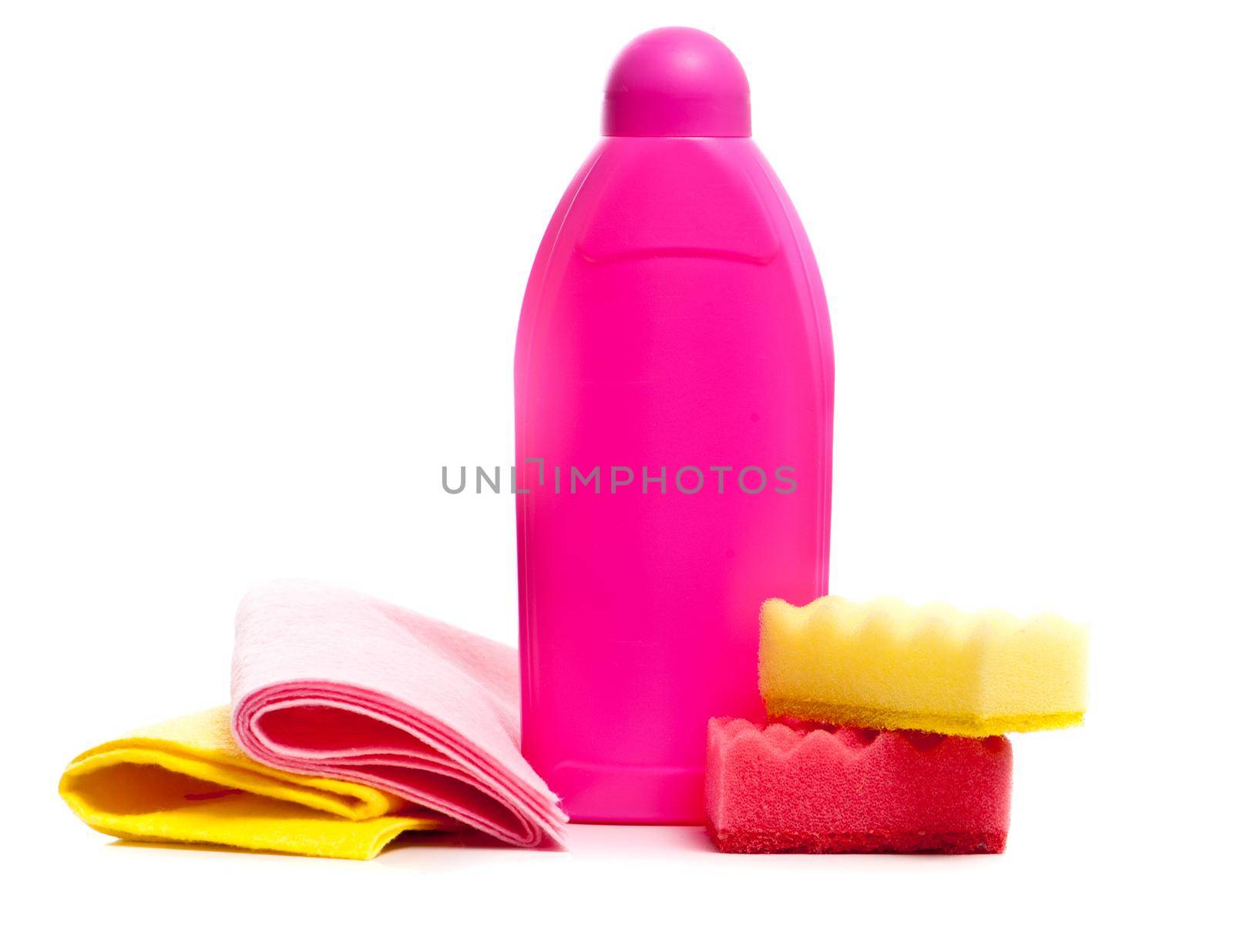 cleaning supplies and gloves isolated on white background