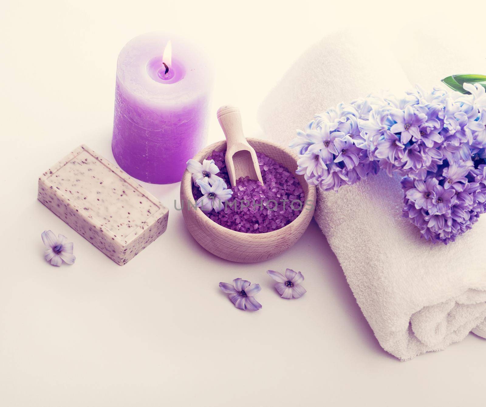 Composition of spa treatment on the white wooden table