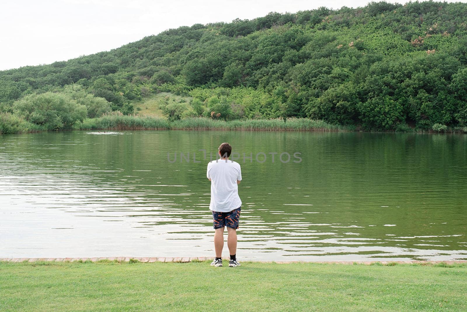 Nature and travel concept. Back view of a man standing near the lake