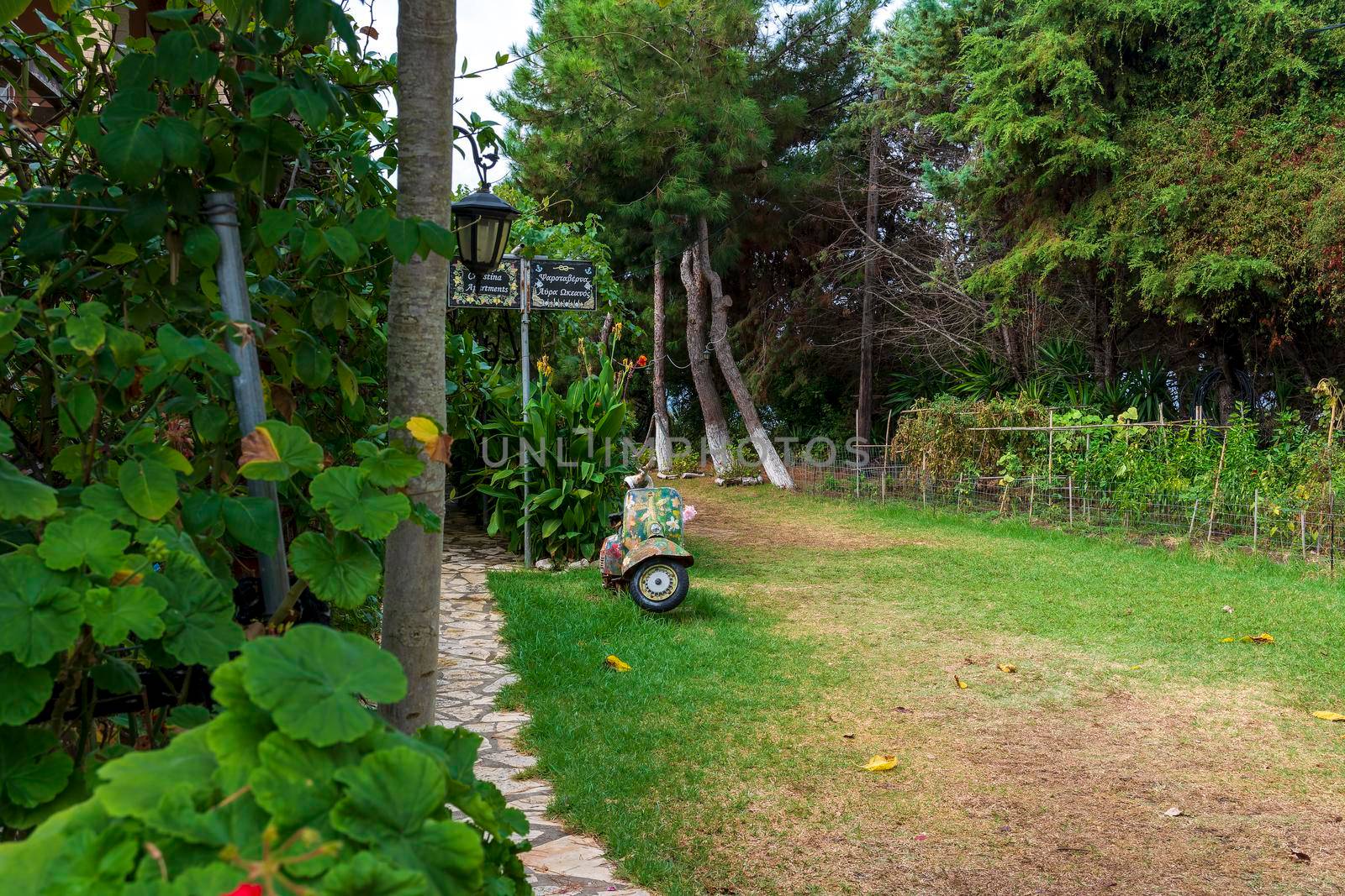 An old abandoned painted motorcycle in a garden at Corfu island, Greece.