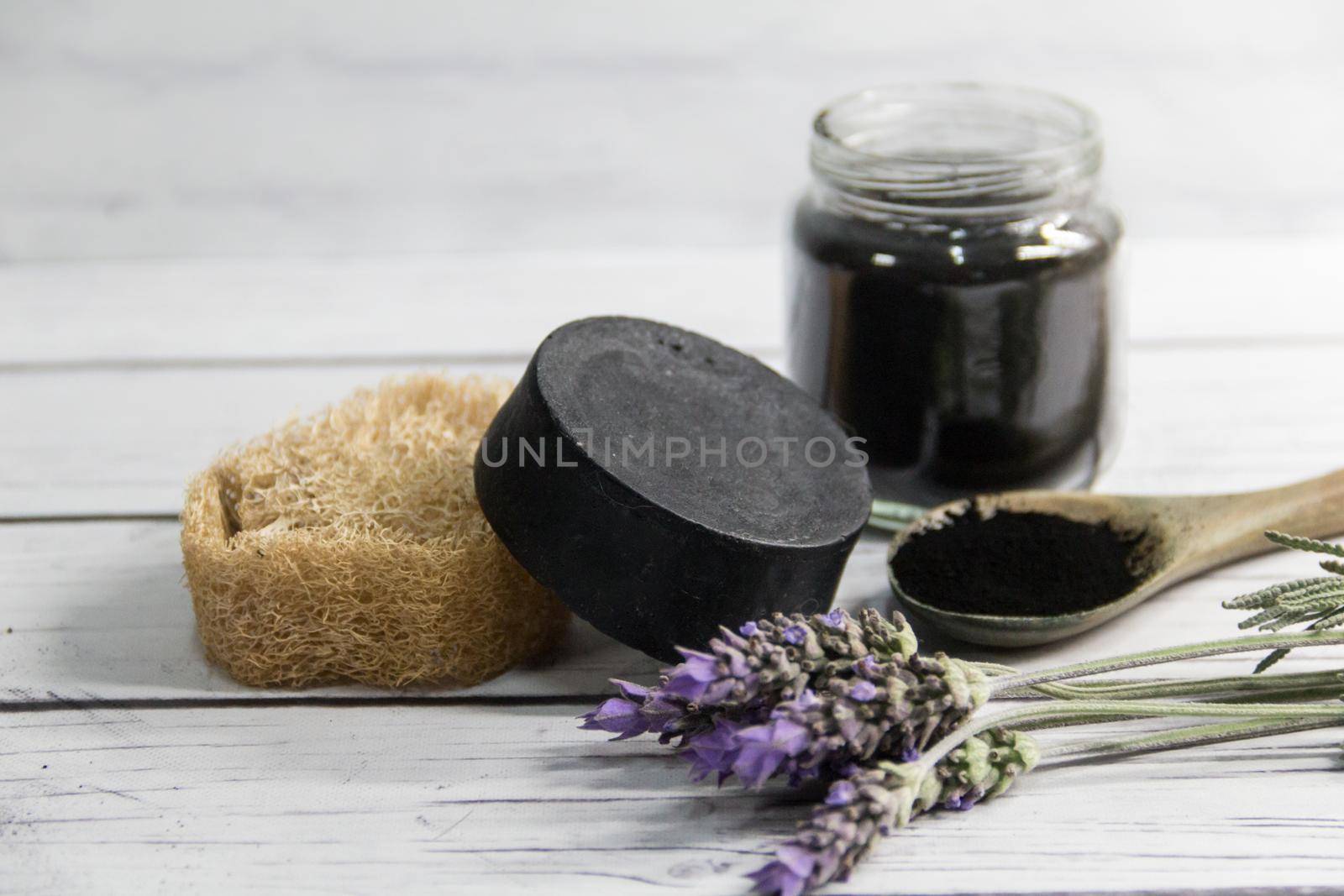 group of vegetable ingredients to make natural cosmetics with activated carbon