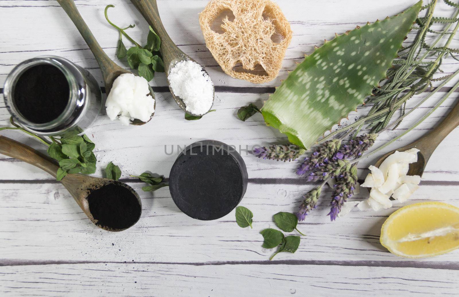 group of vegetable ingredients to make natural cosmetics with activated carbon