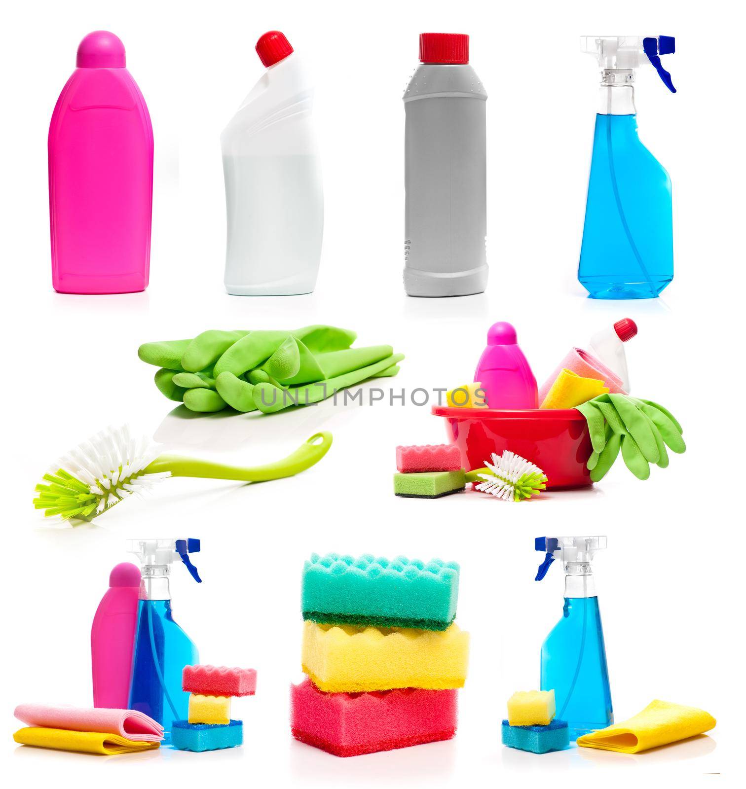set of cleaning supplies photos isolated on white