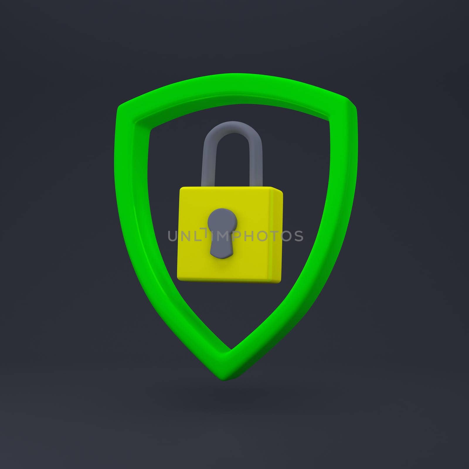 Padlock in shield sign. Security, safety, protection, privacy concept. Minimalism concept. 3d illustration 3D render