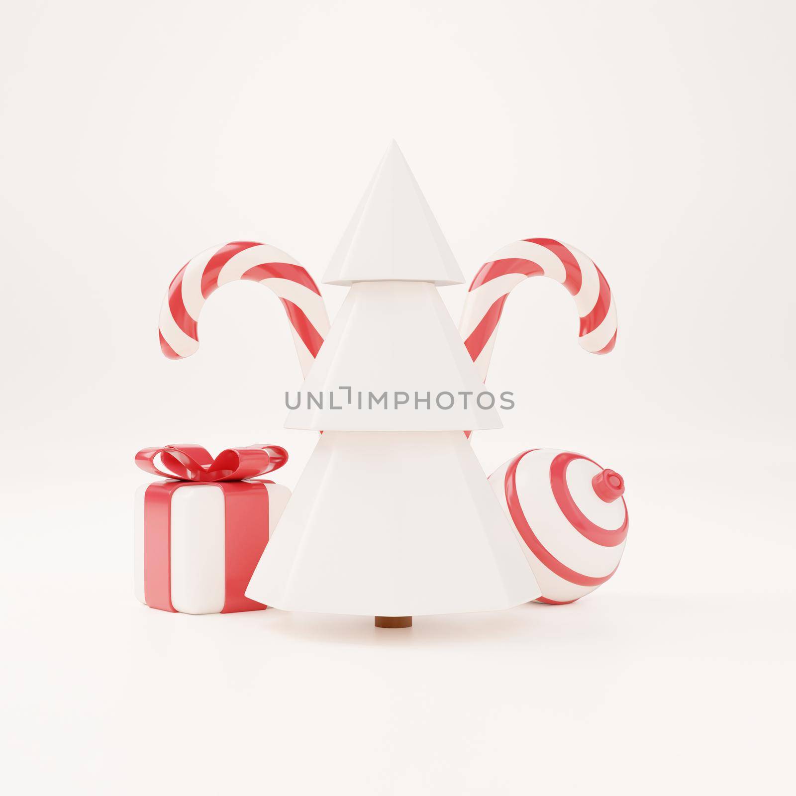 3d Christmas tree with red gift box and ball white background, xmas poster, web banner. 3d render illustration minimal style christmas and new year concept by lunarts
