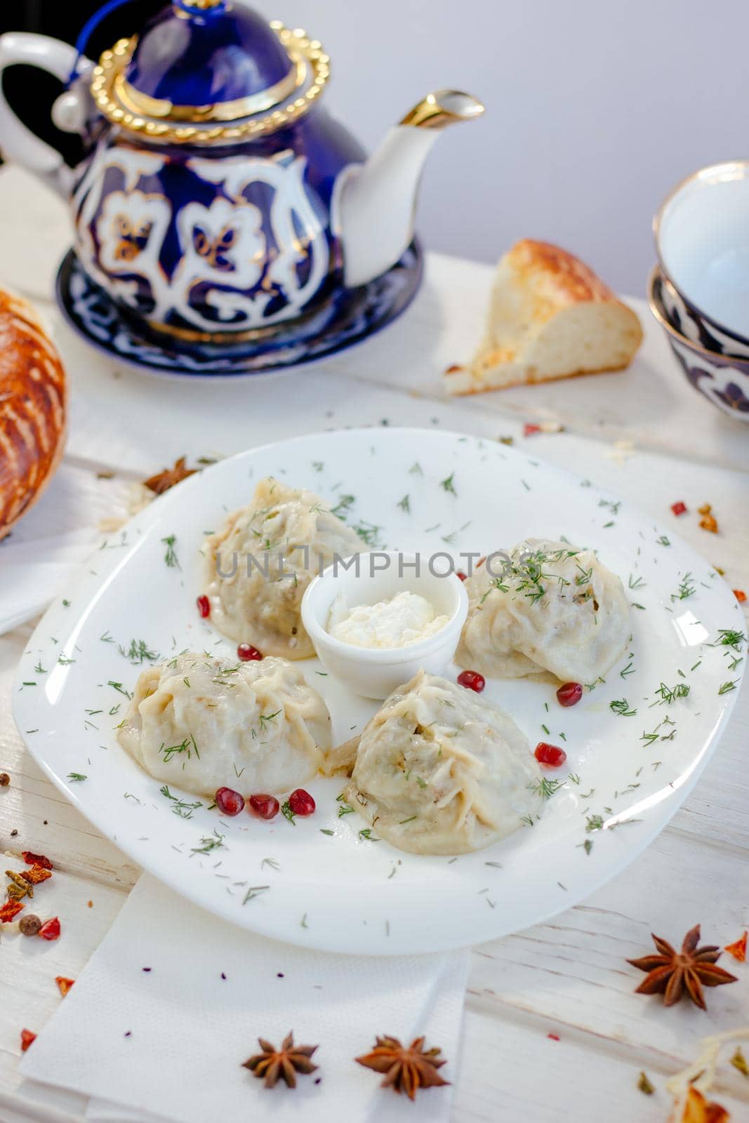 Manti or manty dumplings, popular asian dish, great image for your needs.