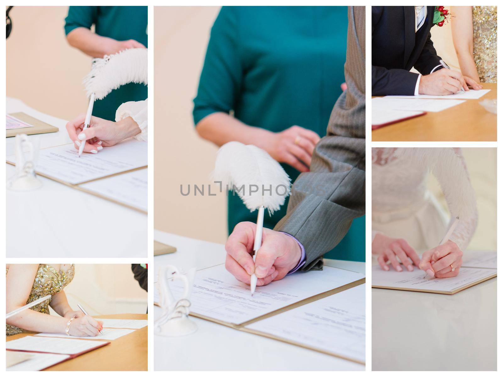 Wedding registration process. Bride and groom sign in the registration book