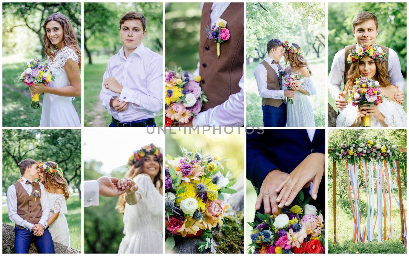 Wedding collage - beautiful marriage outdoors, montage of wedding day