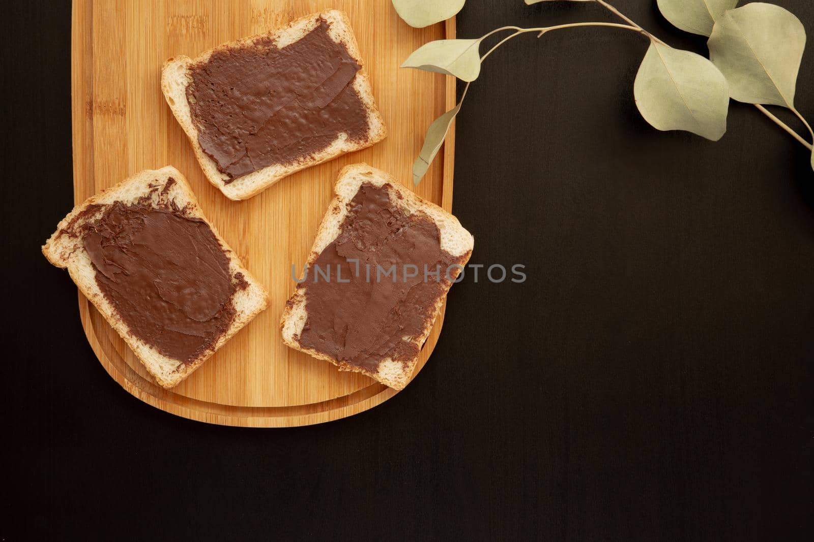 A composition of three white toasts smeared with chocolate butter that lie on a cutting board against with leaves a dark background. top view with area for text