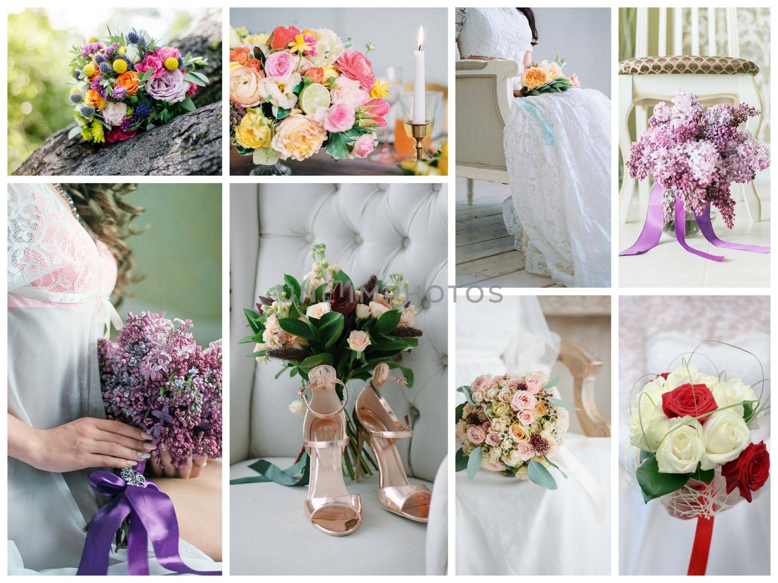 Wedding bouquet collage. Wedding flowers from different ceremonies