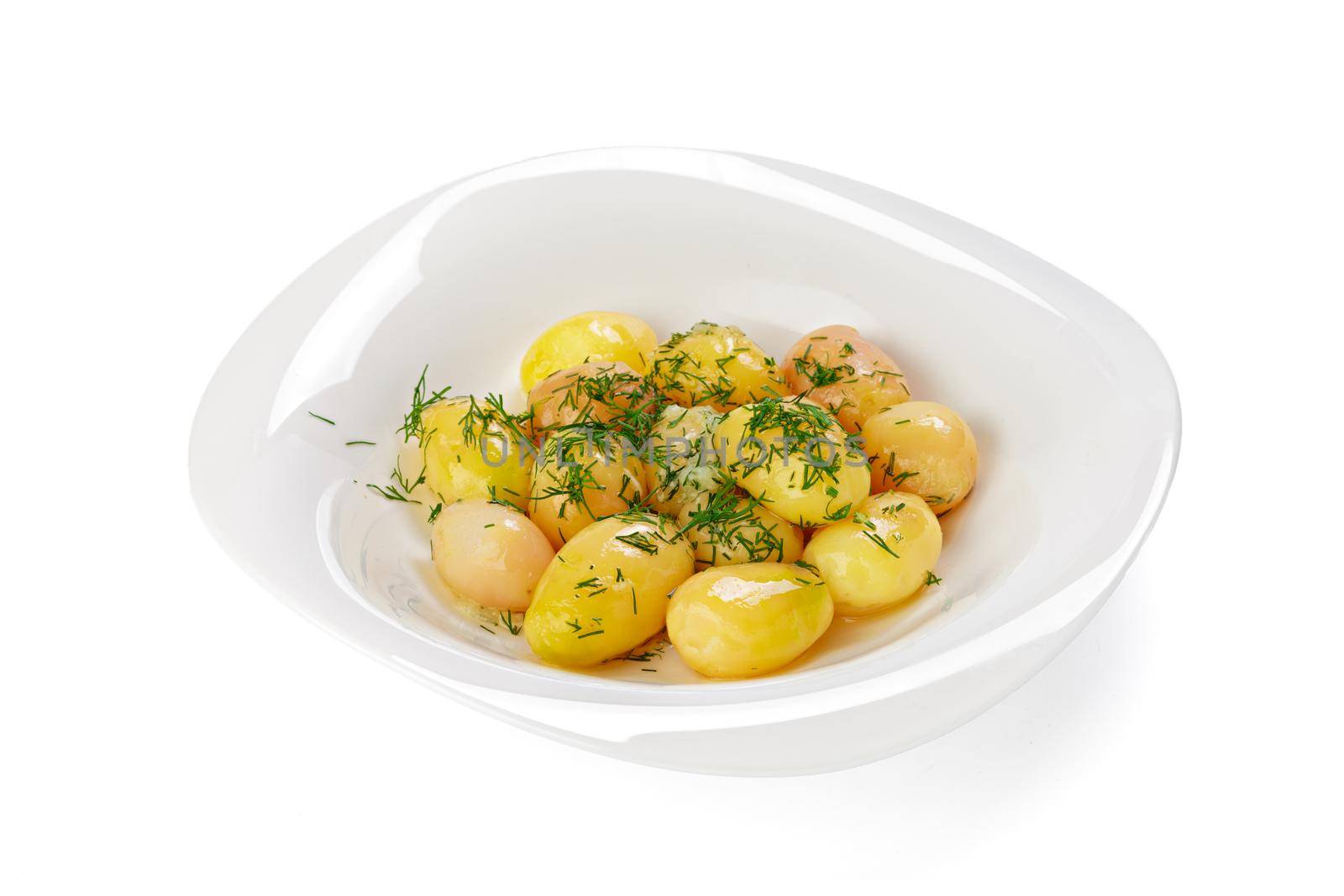 Boiled potatoes with herbs isolated on white background