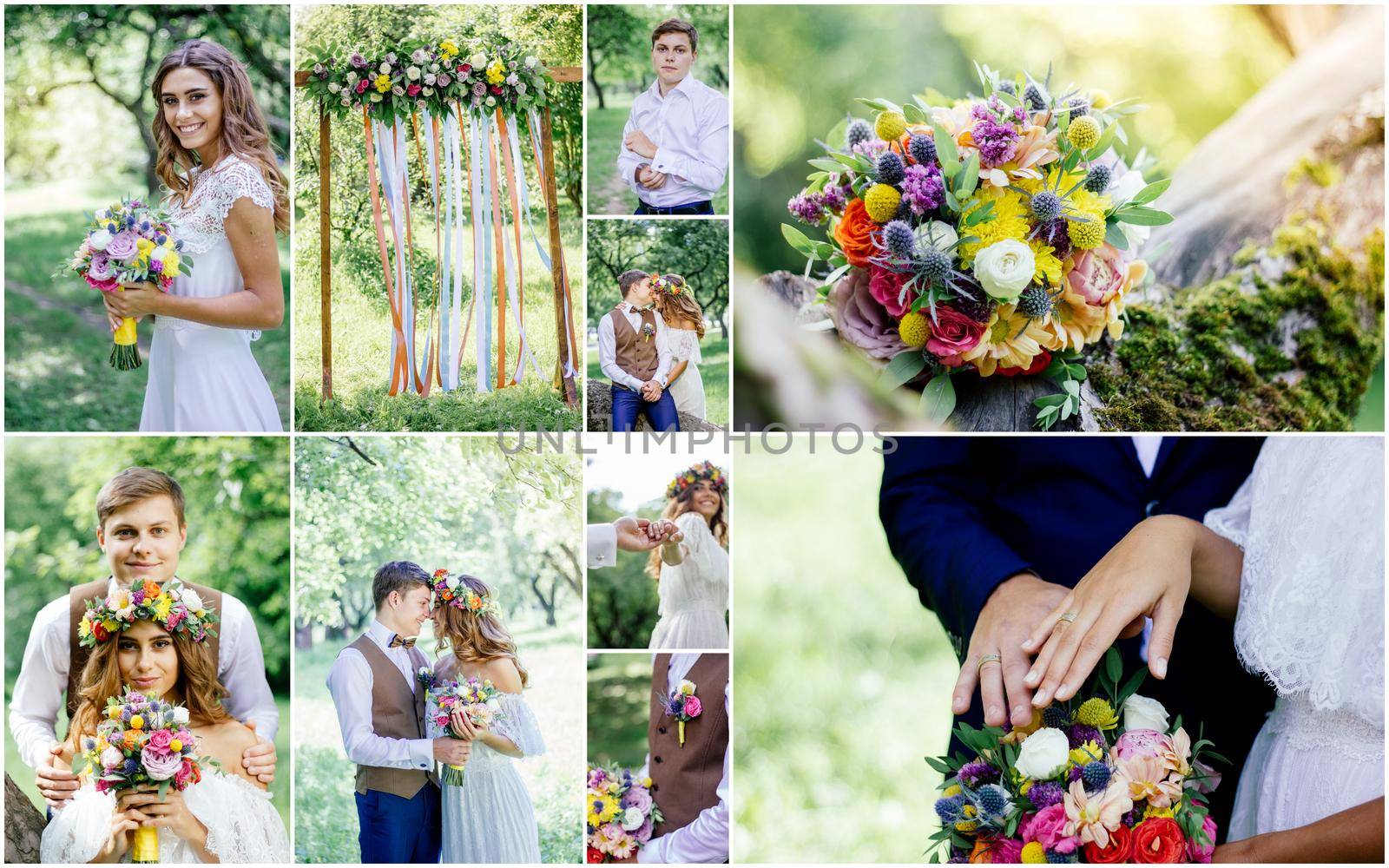 Wedding collage - beautiful marriage outdoors, montage of wedding day