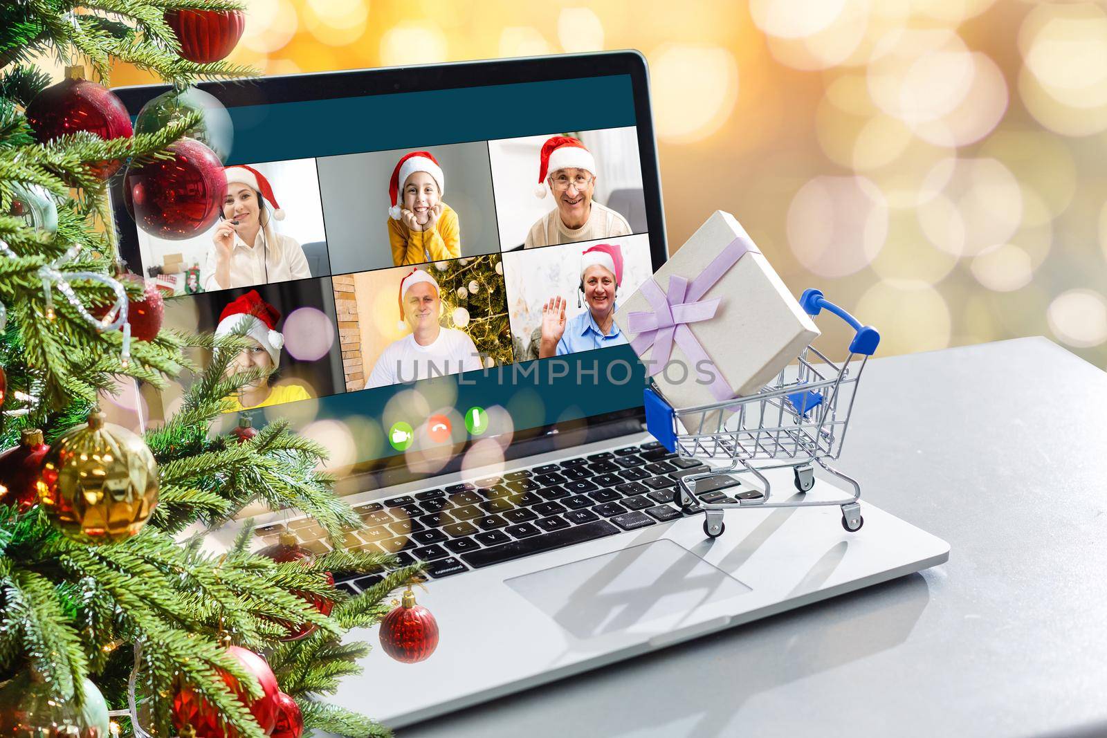 Virtual Christmas meeting team teleworking. Family video call remote conference Computer webcam screen view. Diverse portrait headshots meet working from their home offices. Happy hour party online. by Andelov13