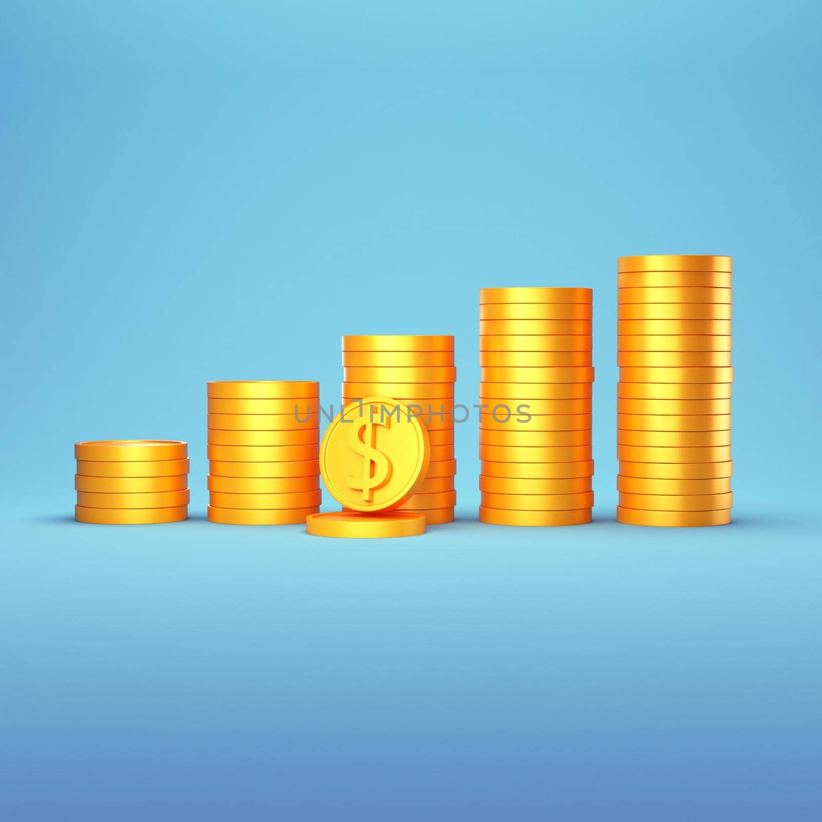 3D Gold Coins Stack on blue background, Dollar coins icon for web banner, and mobile application 3D render illustration.