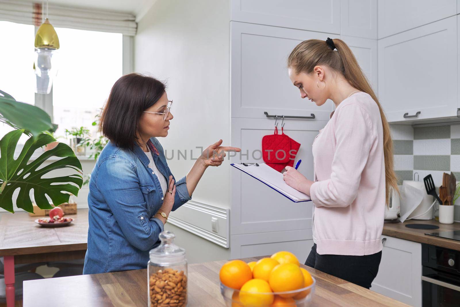 Poll, interview, monitoring, visitor young woman social worker talking and interrogating mature woman housewife, home kitchen interior background