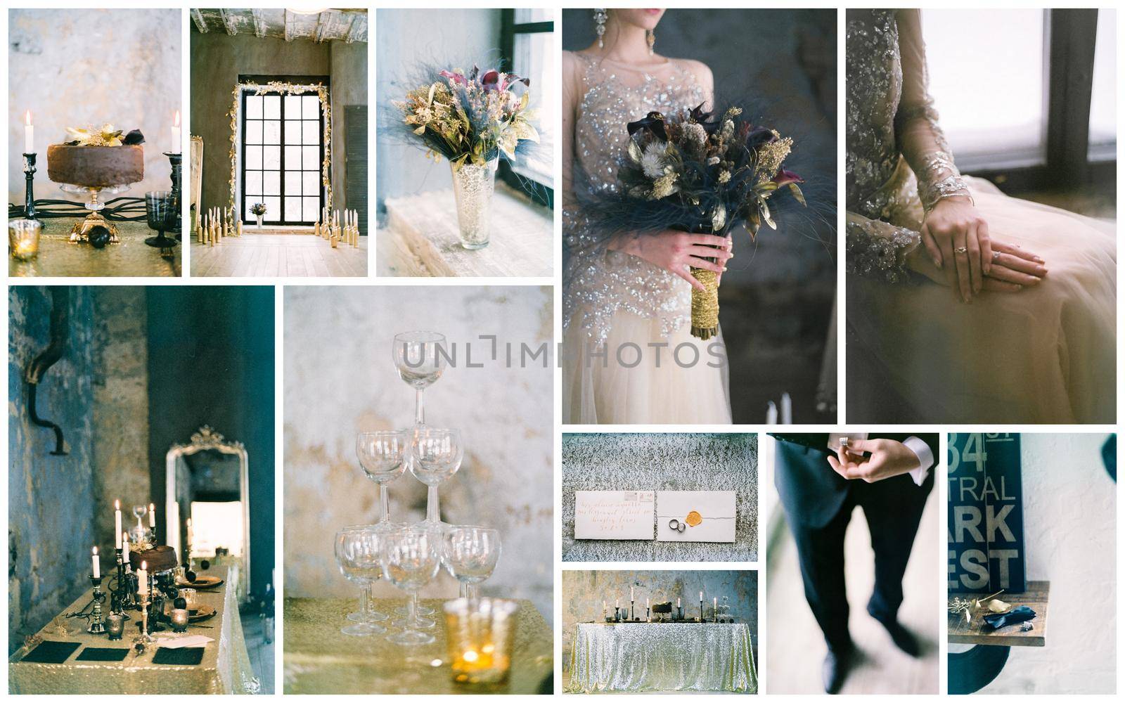 Wedding day montage, beautiful collage of details and decorations.