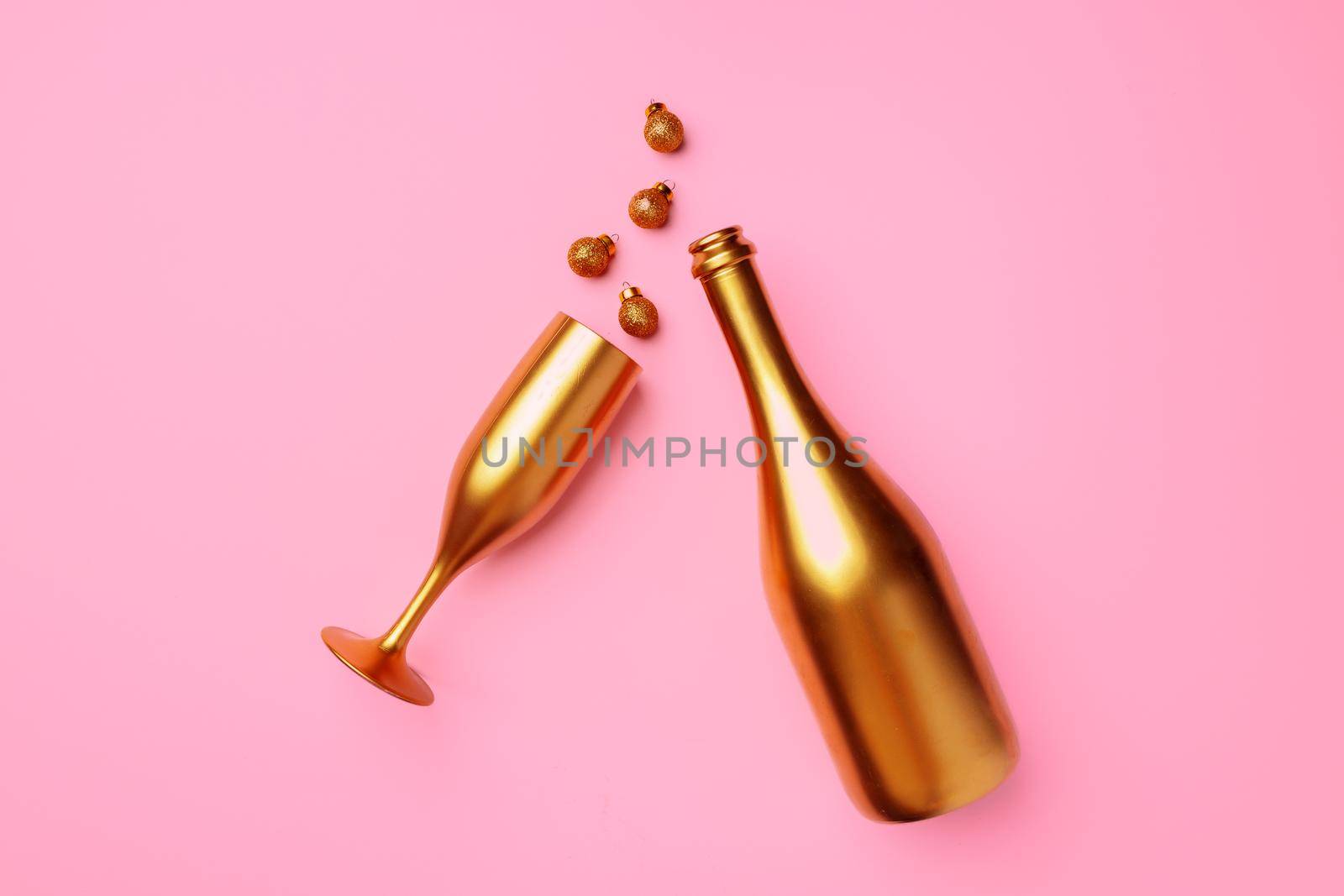 New year background with champagne bottle flat lay top view