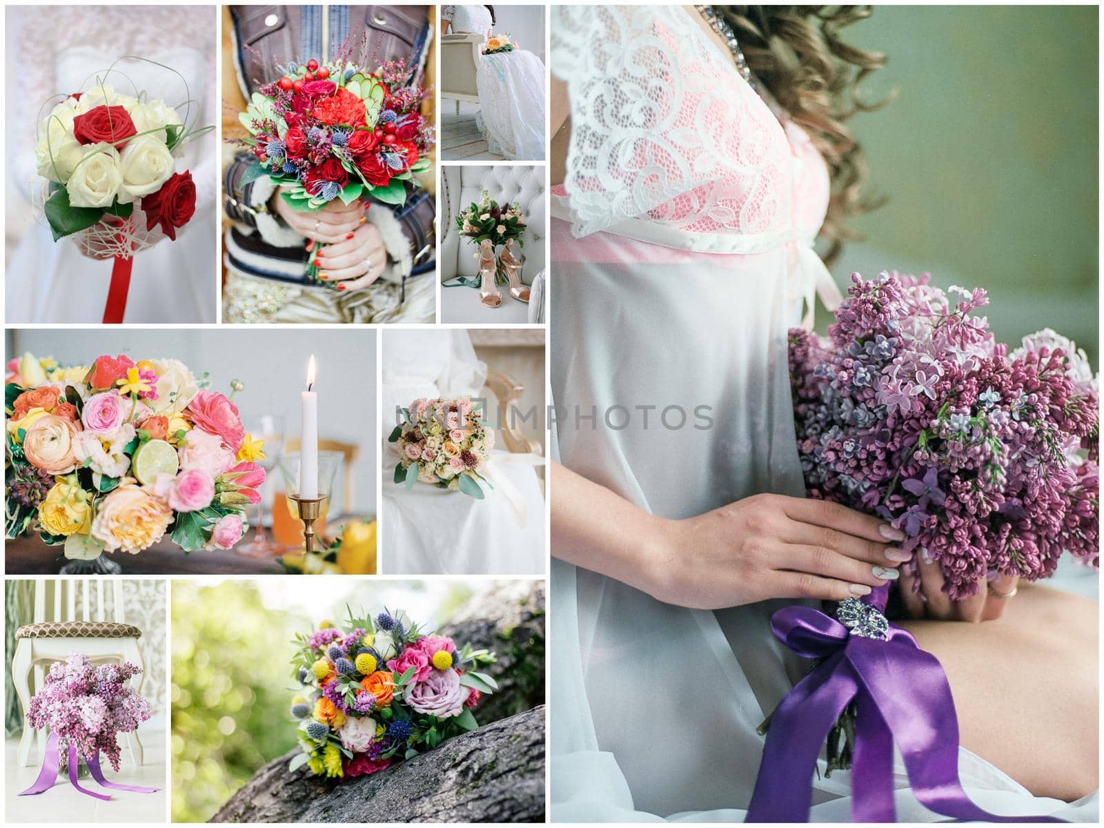 Wedding bouquet collage. Wedding flowers from different ceremonies