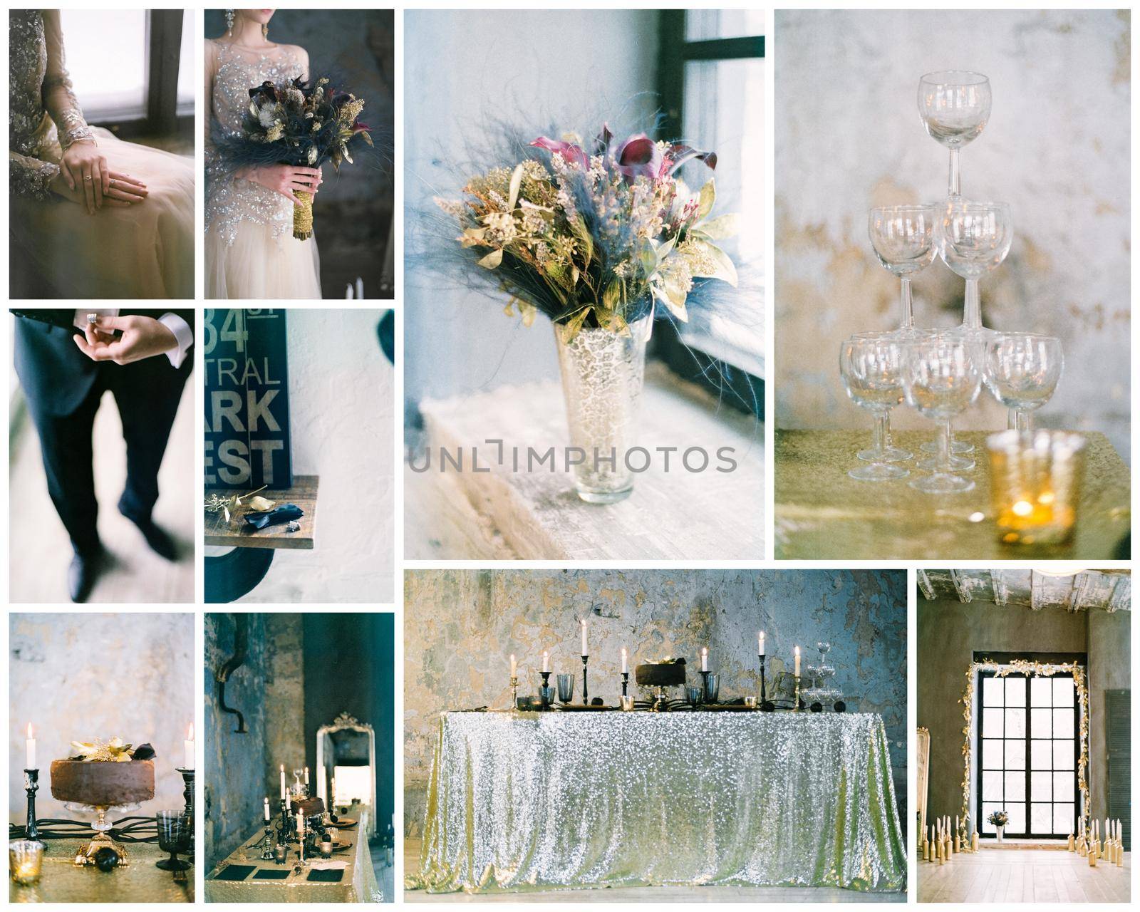 Wedding day montage, beautiful collage of details and decorations.