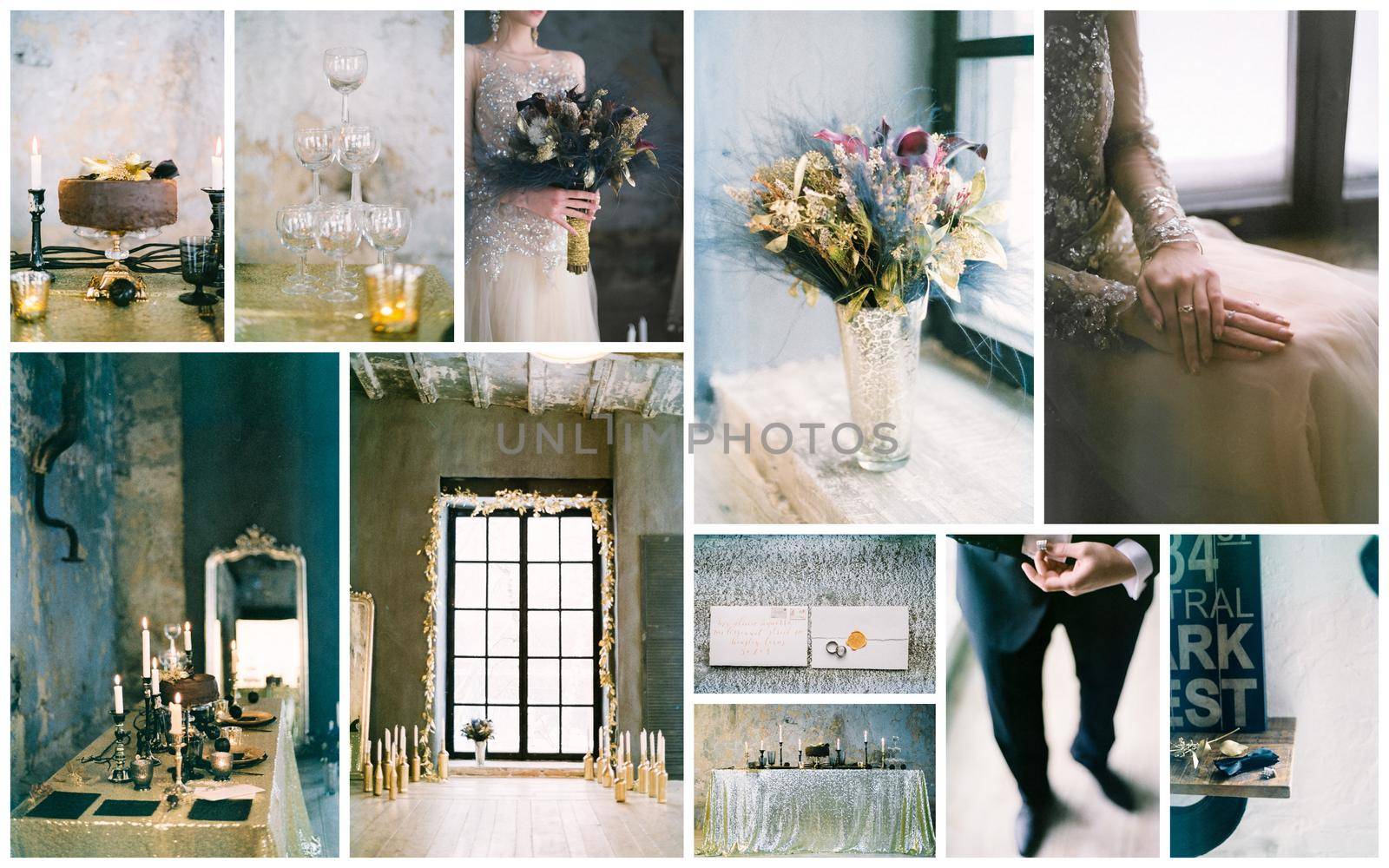 Wedding day montage, beautiful collage of details and decorations.