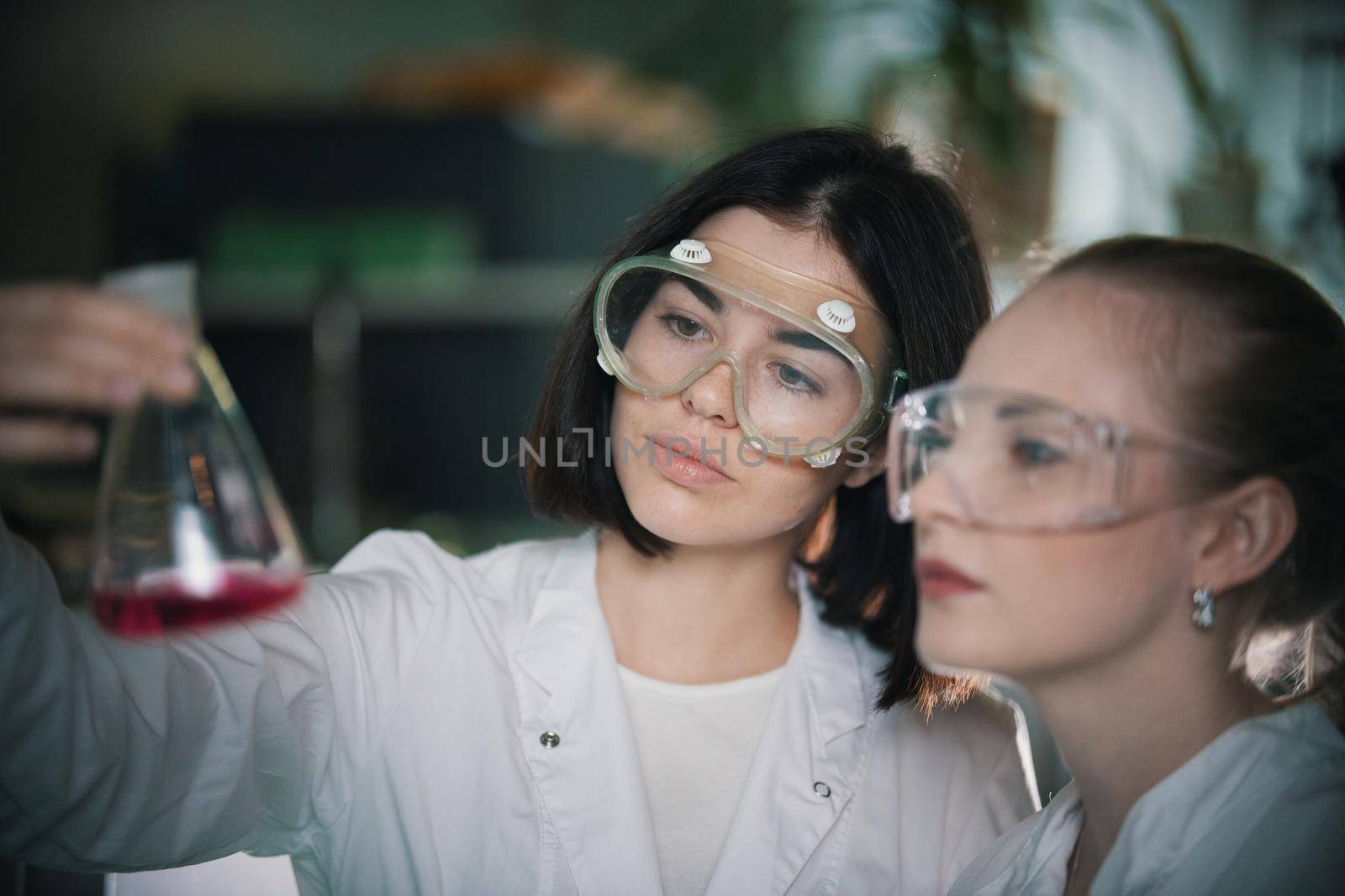 Chemical laboratory. Two young woman holding a flask with pink liquid in it looking at it. Close up