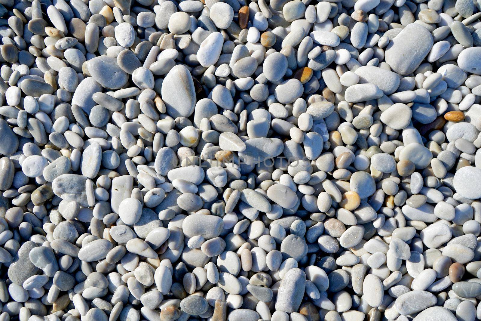 Textured white pebbles on a beach by fivepointsix