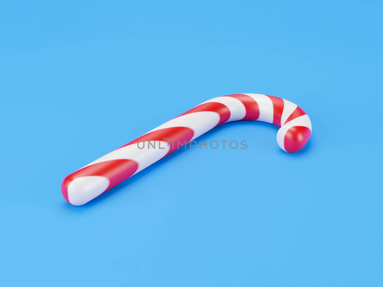 Merry Christmas canes, lollipop mint candy with red stripes on blue background. New Years celebration concept. Traditional sweet dessert. 3d render