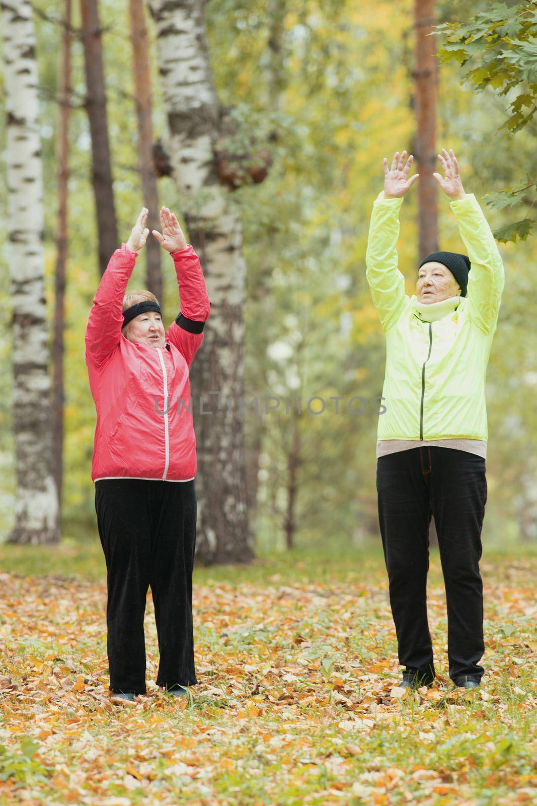 Mature woman in colourful jackets doing gymnastics in an autumn park after a scandinavian walk. Arms up by Studia72