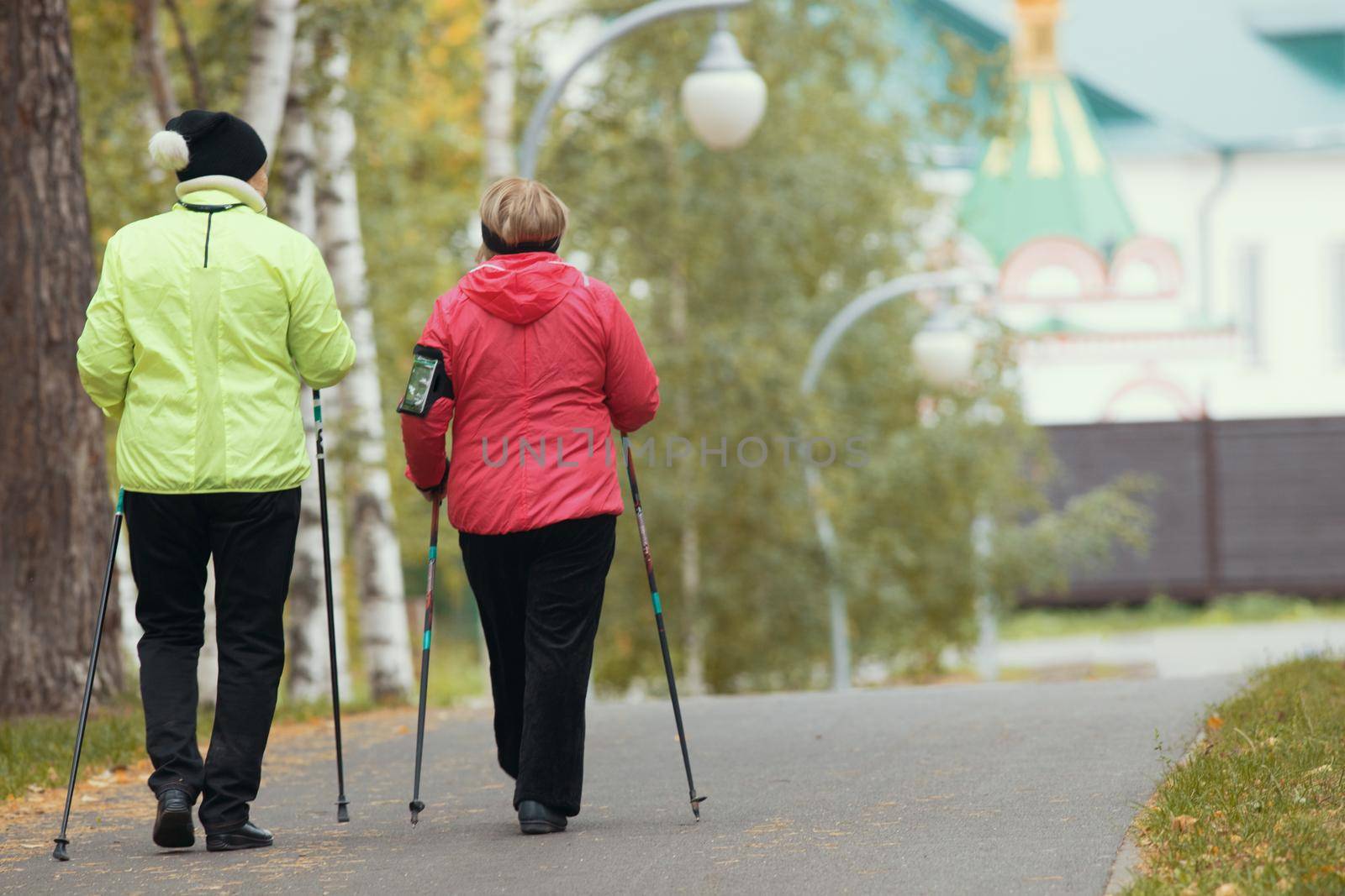 Two elderly women are doing Scandinavian walking in the park. Wide shot. Back angle