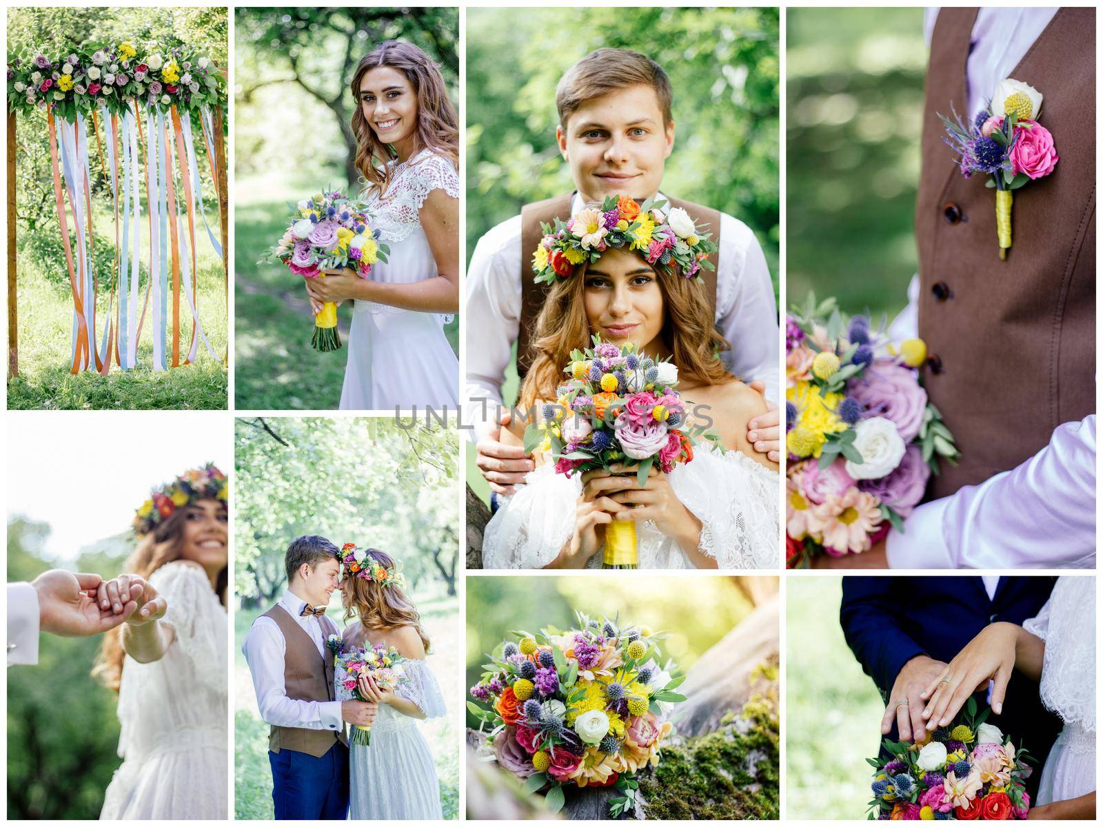 Wedding collage - beautiful marriage outdoors, montage of wedding day