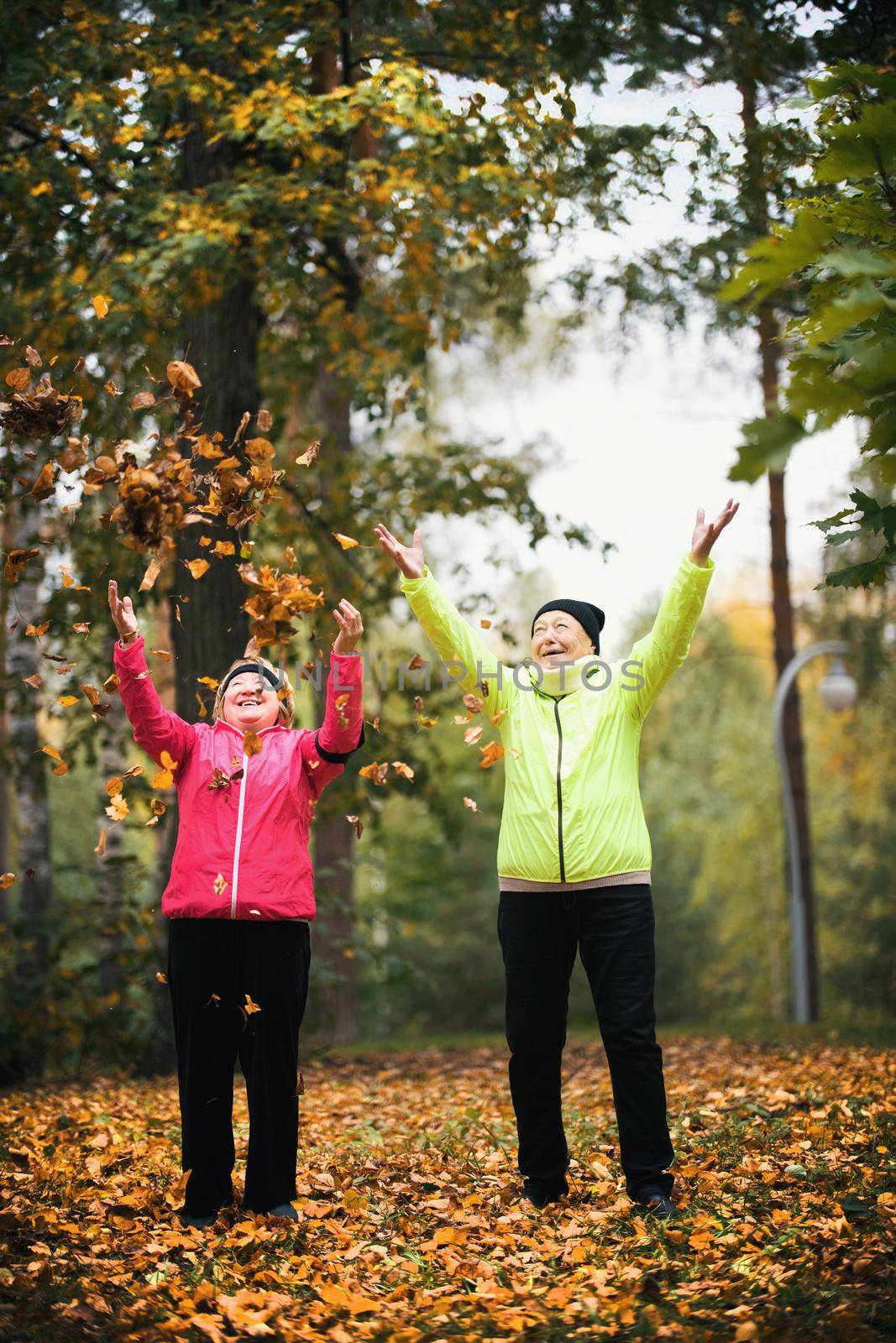 Mature woman throwing leaves into the air in an autumn park. Wide shot