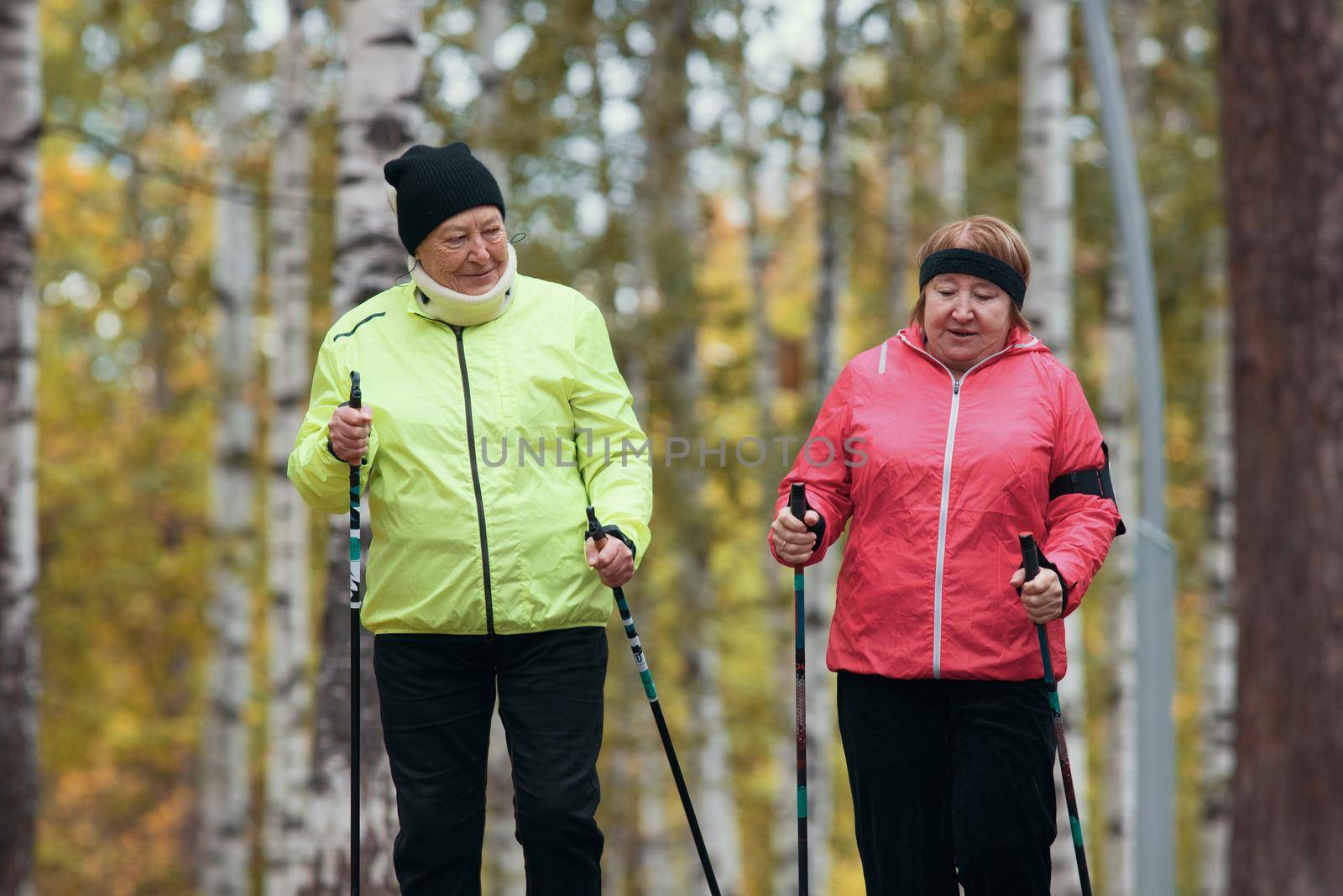 Old women walking on sidewalk in an autumn park during a scandinavian walk. Wide shot. Autumn