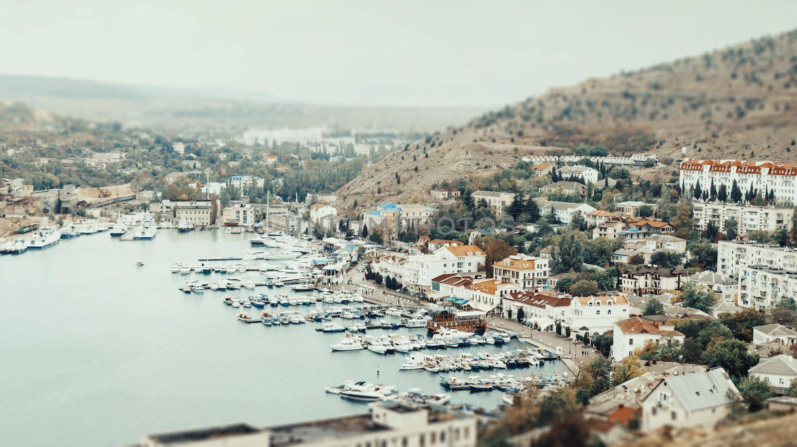 Bay and Balaklava resort town in autumn season, Crimea, Russia.